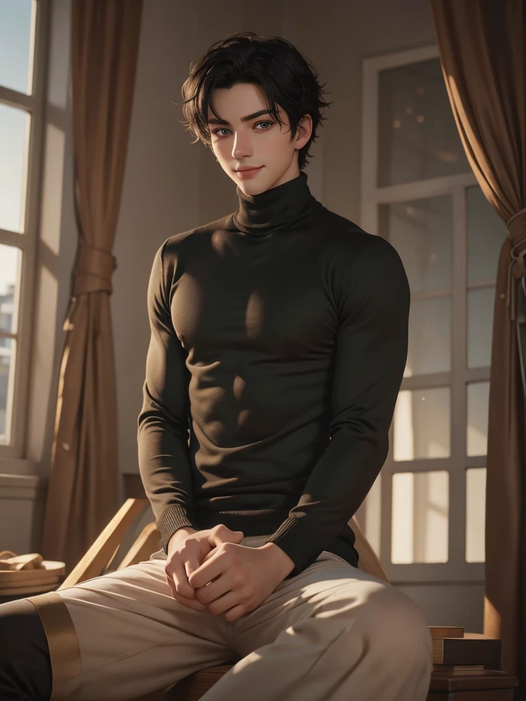 (best quality), 1boy, pale skin, black hair, medium hair, curtain hair, tousled hair, green eyes, perfect eyes, dark circles under eyes, handsome, light smile, attractive, turtleneck sweater, masterpiece, anatomically correct, highres
