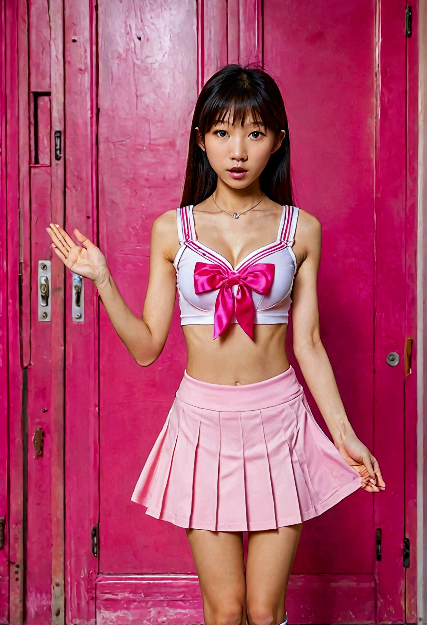 ((Great quality,high quality, Very beautiful, 最high quality, Realistic)),short sideburns,Red Bow, Black Hair,Pixie Cut, ((Pink sailor collar)), Thighs, {Pink knee socks}, Frilled knee socks,Detailed body,Heart Brooch, {{pink elbow_gloves)), {{Leotard Peek}},{White leotard}, Pink and white outfit,Inflated_short_sleeve,Rhythmic,texture,{Covered navel},Idol Pose,smile,Navel exposed,View your audience, ((Transform your clothes, dance, Very beautiful, Absurd))、(最high quality:1.2),(Perfect beautiful face 1.2),(It looks like that'it hurts),(Perfect and 美しい posture:1.2),(12 years old 美しい Japanese woman),((Flat Chest)),(Sweating all over the body:1.2),(Excessive sweating from the armpits:1.3),Ultra-high resolution photos,Looking at the camera,(Stand facing forward)