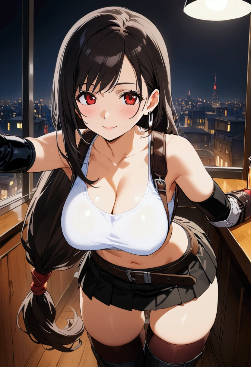 score_9, score_8_up, score_7_up,(best quality),(masterpiece),(ultra detailed),(aesthetic),(very aesthetic),(highly detailed),megami_magazine,official art,1girl, tifa lockhart, final fantasy,tareme,(beautiful hair),black hair,(beautiful hair), low-tied long hair, red eyes,(beautiful eyes), bangs, white tank top,gap,belt, pleated skirt, thighhighs, elbow fingerless gloves, elbow pads, midriff, navel,suspender skirt,miniskirt,(large_breasts:1.2),(perky breasts;1,2),(light smile),panties shot,,Solo,city cafebar,professional lighting,cinematic lighting,mediumshot,lbl.looking through legs, ass, bent over, looking at viewer, top-down bottom-up, bent over, legs, standing
