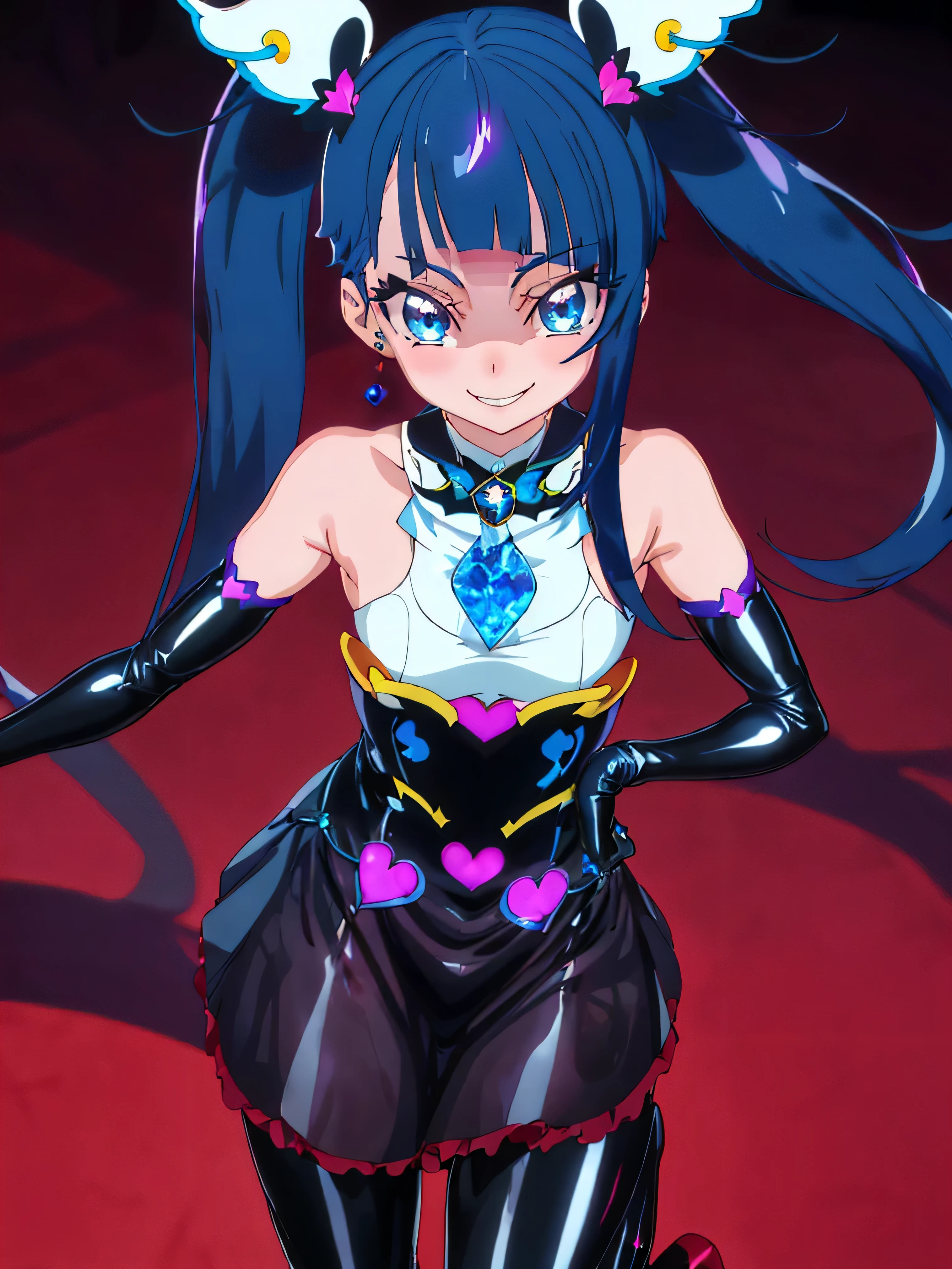 Highest quality, Very detailed,One Girl, alone, {cure_null_hirogarunullprecure:1.15}, Dark blue hair, blue eyes, Blue flames in the eyes, Long Hair, Twin tails, Magical girl, bangs, Open your mouth, Redhead, multicoloRedhead, One Girl, blunt bangs, Darken your clothes, hair ornaments, Wicked Smile, devilish aura (Shiny fabric:1.5), Full Body Shot, Purple Gemstone, attractive, blush, (Beautiful attention to detail:1.6), Very detailed顔, Perfect lighting, Extremely detailed CG, (Perfect hands, Perfect Anatomy), devil, Red and black color scheme, Shiny material, Grin, Black ribbon, black satin gloves, Evil clover leaf ornament, Black frills, jewelry, corruption, Latex Gloss, Black Gothic Cape, Wicked Smile, Dark World Background, , cloudy null, CG Style, One-sided black wing,Dark shadowed face,Sadistic smile,Malice,Contempt,smile,black,Perfect hands,Perfect body,shiny latex Elbow full gloves,Perfect face,