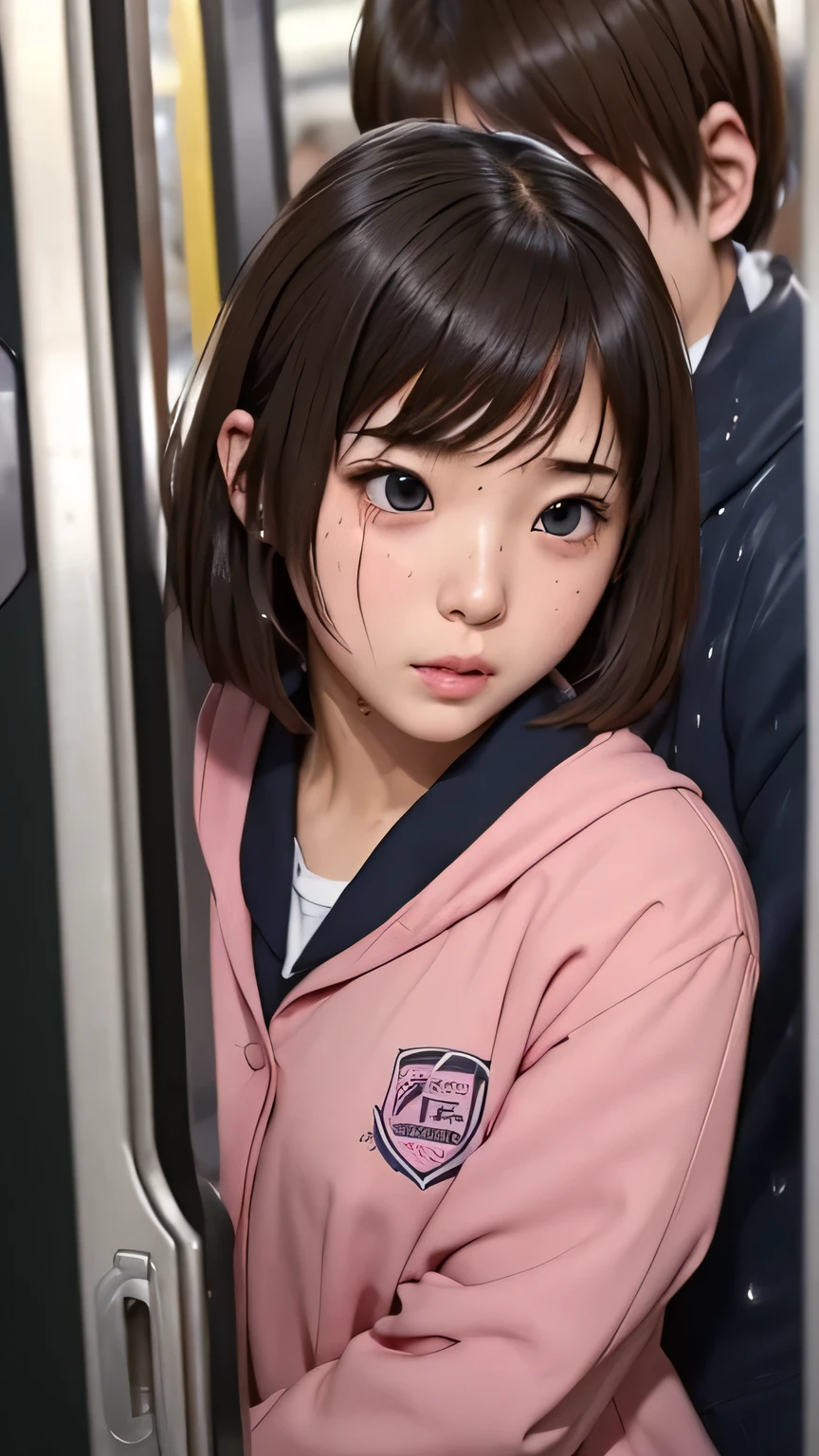 ( girl), Crowded train, School uniform, Embarrassing, Being molested, nsfw, Sheer, wet, Detailed face, Molesting man, A man puts his hand on a girl&#39;s chest,