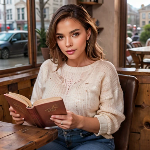 Ultra-textured photography, average range,,, Arabian appearance,Blonde hair color.reading a book in a cafe, drinking coffee.reading a book in a cafe, drinking coffee. Her hair is braided. The girl is wearing a warm jacket.panties slightly visibl.in a skirt