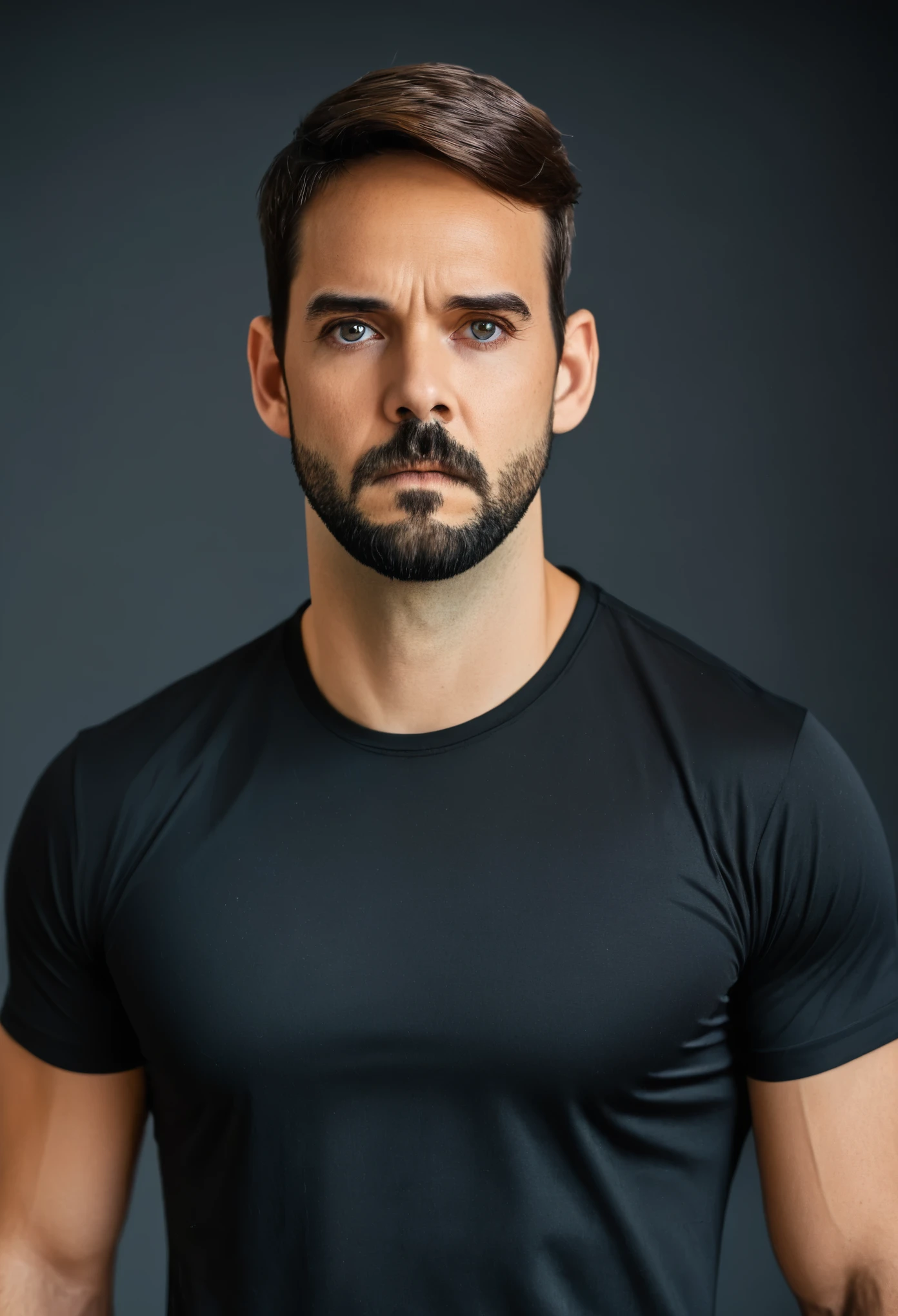 1man muscular male wear a fitted black t-shirt, tennis and shorts, 30 years old,small beard, Sexy and charming expression,gloomy eyes, soft natural lighting, professional, formal atmosphere, front view, sharp focus, well-balanced exposure. front portrait, (((Wtruffa face))).