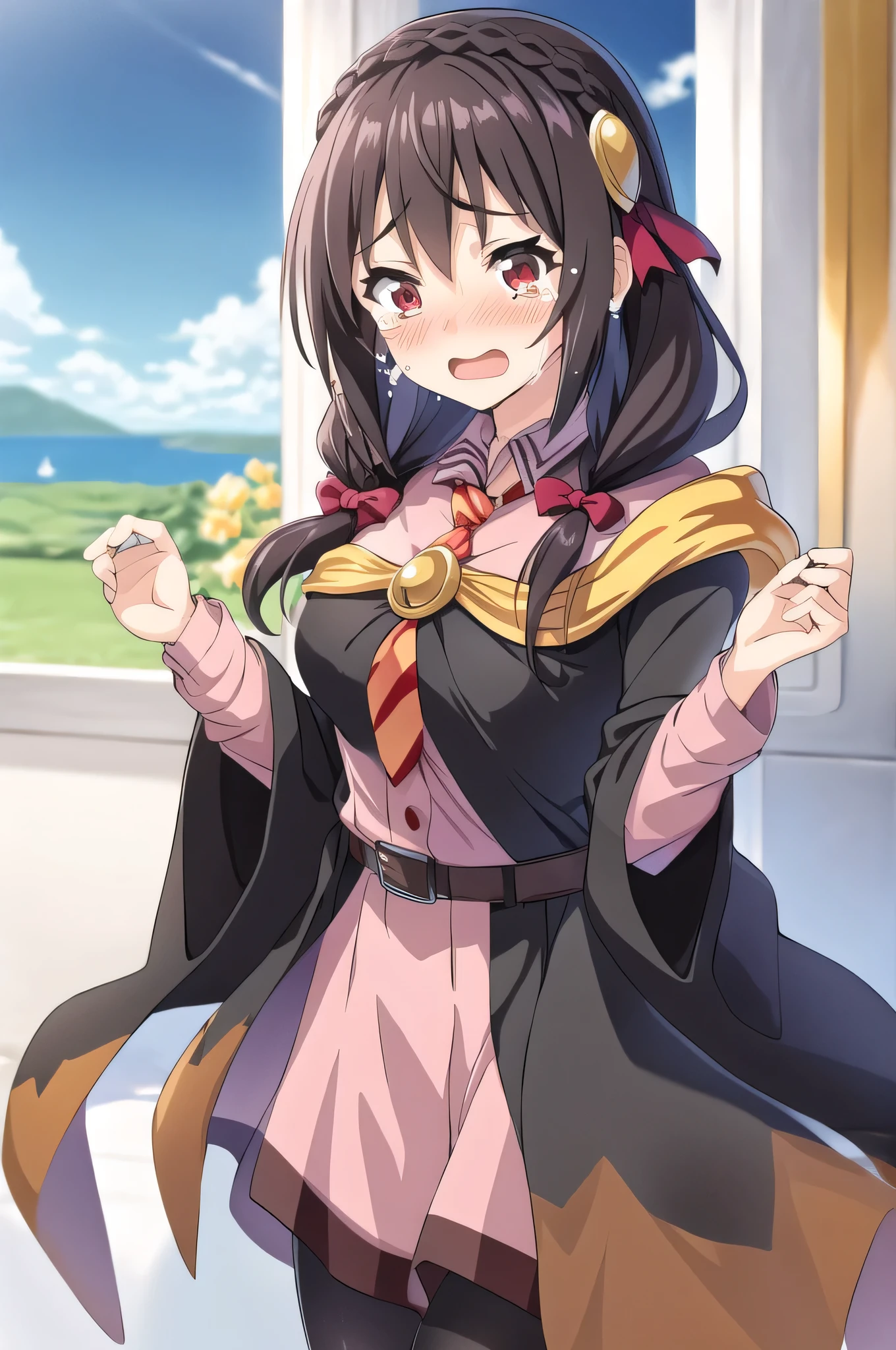 (masterpiece, best quality), anime、1girl,    yunyun,long hair,braid,twintails,hair between eyes,hair bow,hair ornament,large breasts,(cape:1.2),necktie,shirt,pink shirt,long sleeves,belt,pink skirt,pantyhose,loafers,brown footwear、(blush)、blue sky、lawn、Crimson Eyes、(Tears of joy)