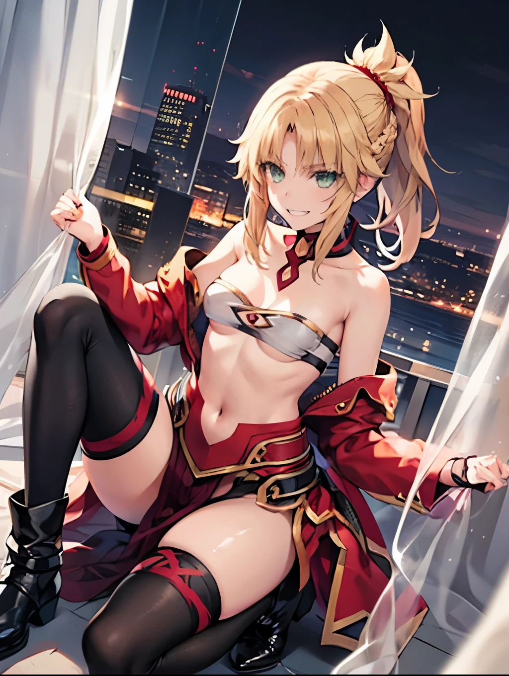 Masterpiece, Best Quality, illustration, city street, 1girl, Mordred \(fate\), collarbone, Detailed blond hair ponytail braid, green eyes,, White tubetop ,pelvic_curtain,navel,thigh-high,grin,(covered_nipples:0.6),skiny,evil_smile,solo,boots,thigh-highs