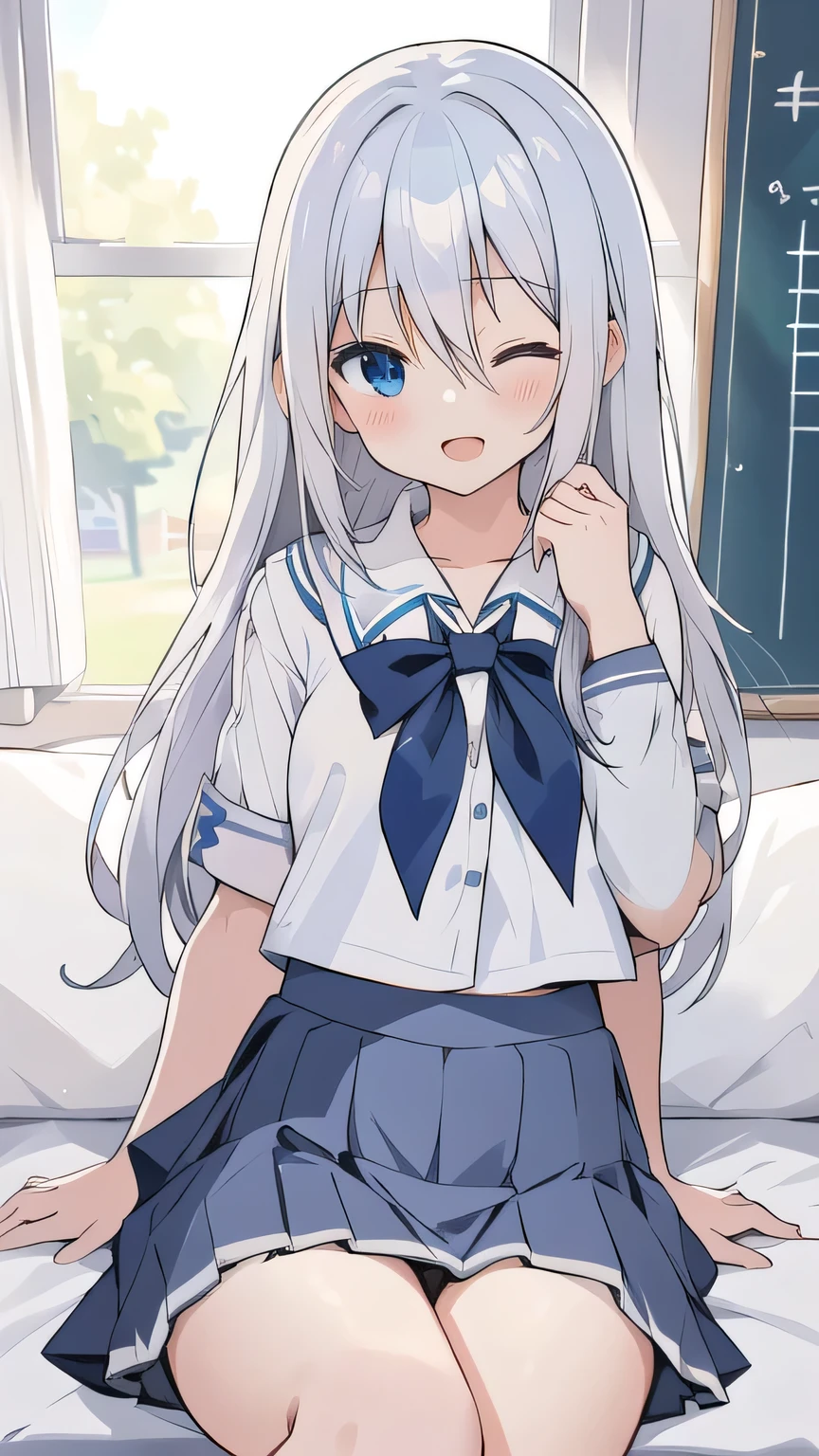 cute girl, アニメ, silver hair, straight hair, Blue eyes, (young:0.9), (small bust:0.5), (cute:1.3), (middle bust:0.8), (cute girl:1.2), cowboy shot, cute, side shot, (Smail:1.3), open mouth, backwards, (white school uniform:1.6), (dark blue skirt:1.6), ローアングル, close eyes, (cross legs:1.2), (seduce:1.4)