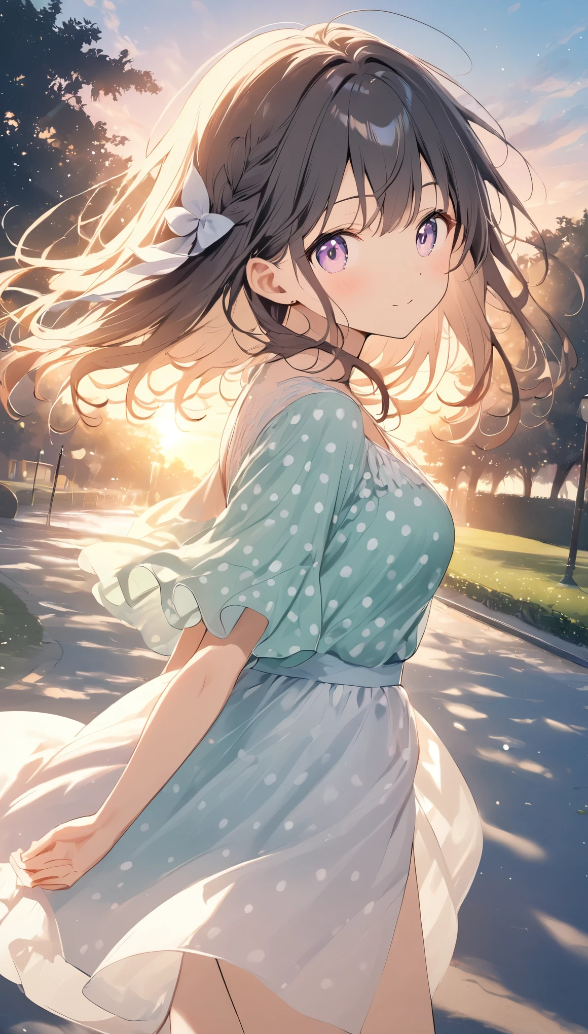 Pale lines and soft colors create a dreamy, fleeting impression.., blurred background, lens flare, blurred polka dots, park at dusk, girl turning around, ((the outline of her body shines in the backlight)), dazzling backlight, dusk