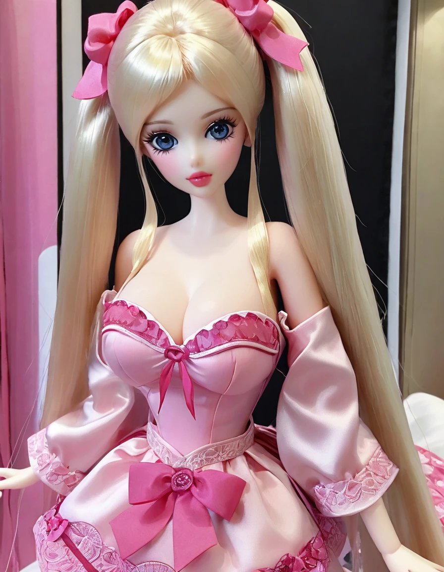 (masterpiece, Best quality: 1.2), 1twintails barbie doll,doll，Colloid， Exquisite eyes, Wide hips, Colloid皮肤，(Wear hot underware,)，Huge natural breasts，