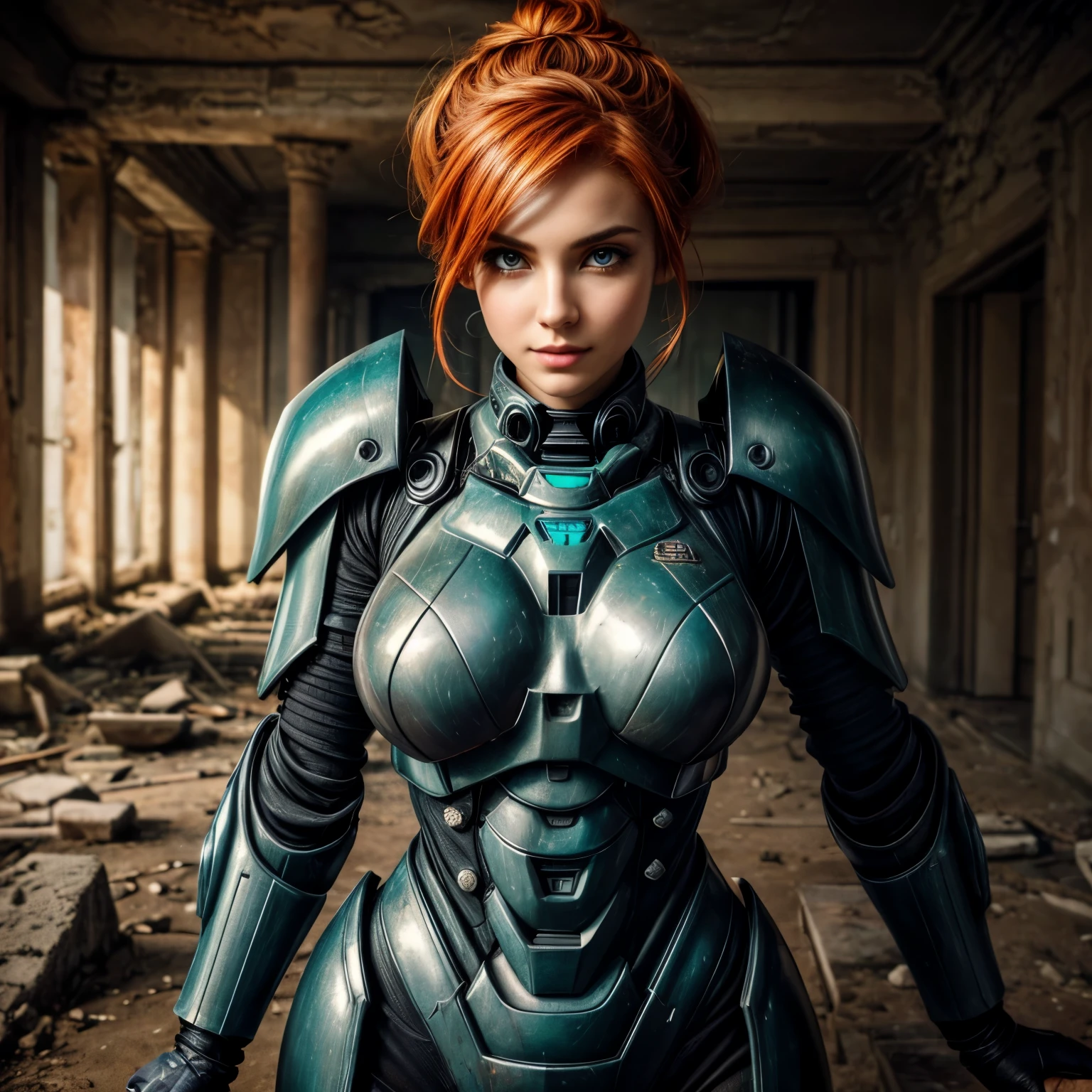 (realistic), (3d:0.3), dramatic lighting, ((masterpiece)),(quality),(high res), tall Lady Voidstar, [[covered abs]], ((x-ray power armor|lined suit|black and yellow power armor) mechanical arms), worn and dirty armor, armor with bumps. orange-red hair tied in two buns on either side of her head, [gorgeous smile], medium breasts, covered navel, eyeliner, eyelashes, perfect face, beautiful nose, detailed pupil, beautiful eyes, detailed eyes, teal eyes, perfect full lips, intricate and detailed background of abandoned ancient ruins, ancient decaying and abandoned battlefield (zet:1),