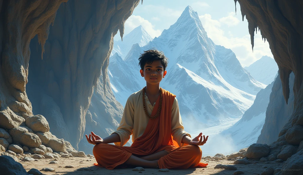 Create an image that the sky is covered with blue clouds, there is a child who is engrossed in yoga practice on a big mountain in a big forest, who is very beautiful, he has a tilak on his head and a small Rudraksh rosary in his hand and The body also has some parts. You are wearing light saffron clothes