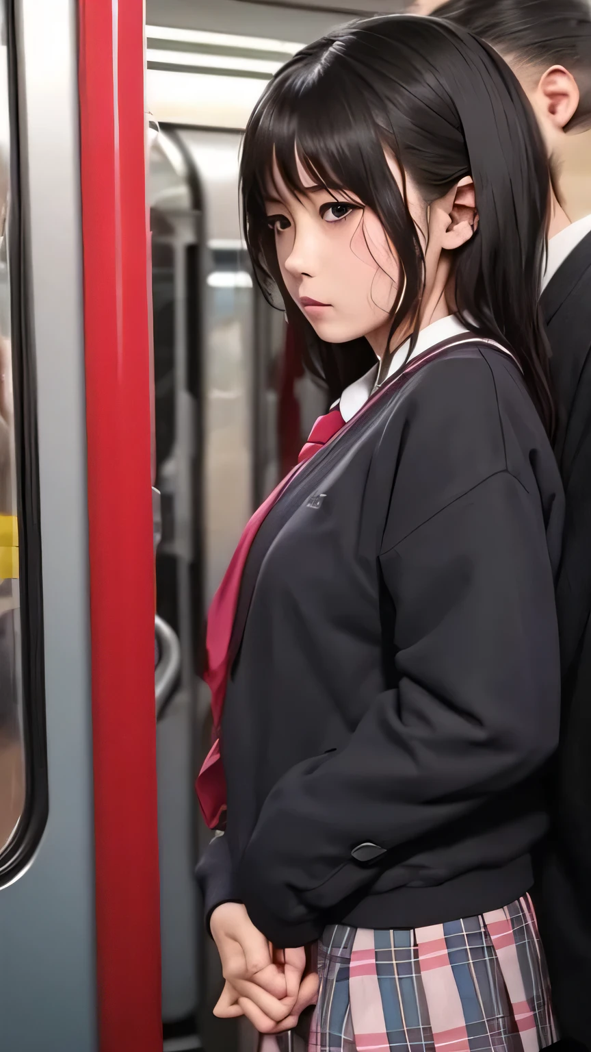 ( girl), Crowded train, School uniform, Embarrassing, Molester, nsfw, Sheer, wet, Detailed face, Molester man, Molester, 