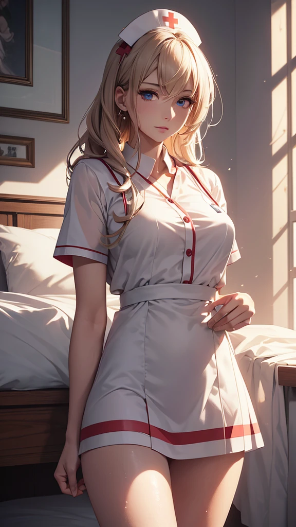One person, Blonde braided hair, Shiny white nurse uniform, She is also a nurse, Lift up the skirt, Black thong panties, Anatomically correct, Accurate human anatomy