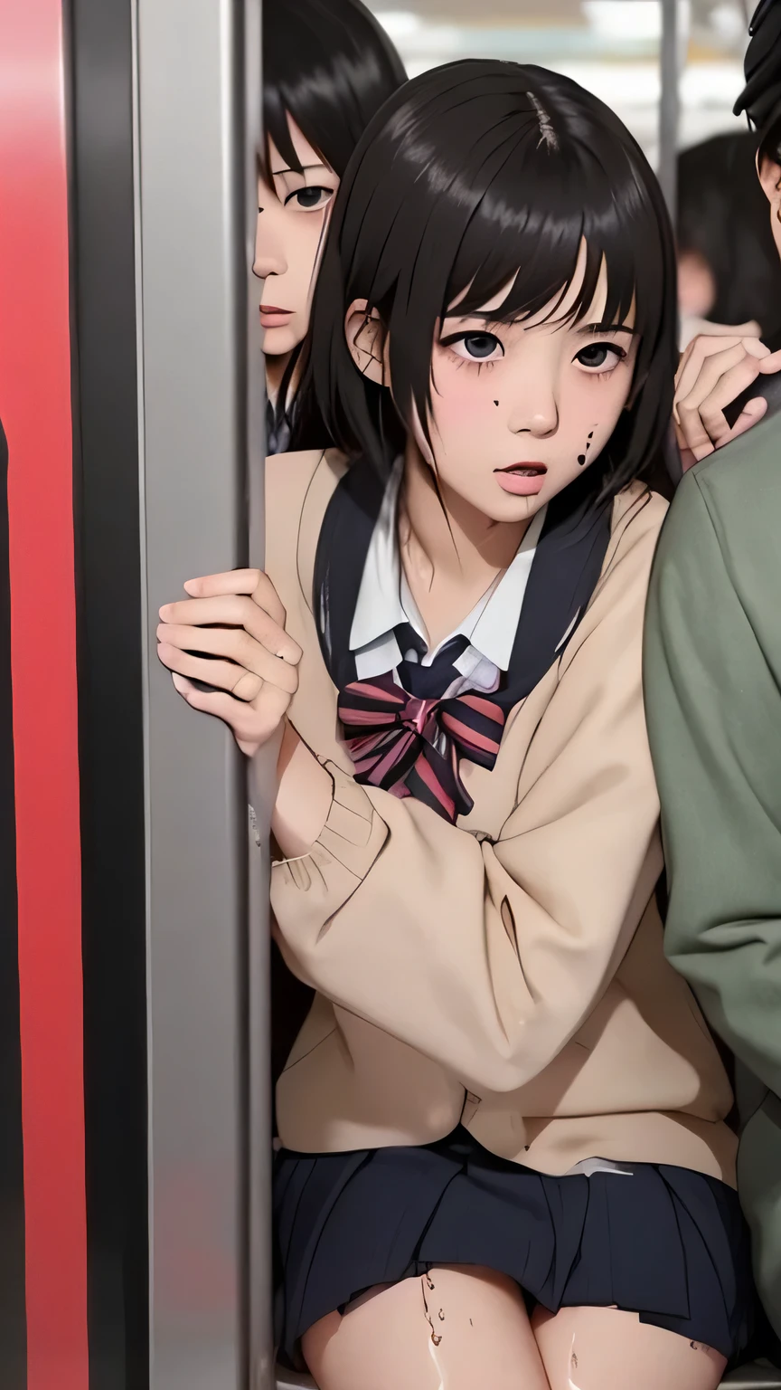 ( Girls and guys), Crowded train, School uniform, Embarrassing, Molester, nsfw, Sheer, wet, Detailed face, Molester man, Molester, Couple,