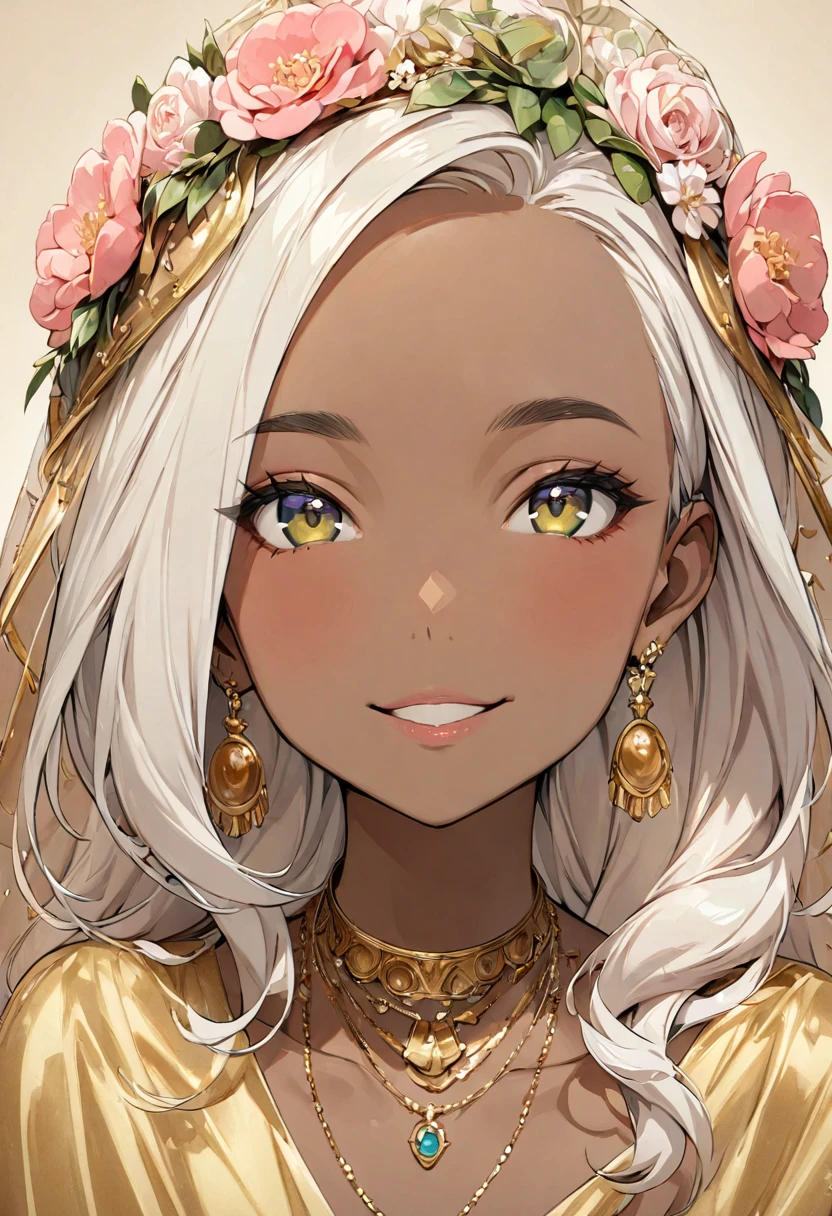 (masterpiece, Best Quality:1.4), 1 girl, 20-year-old woman, Anime Style, Upper Body, Photographed from the front, look up, Egyptian, Brown Skin, (((Cute eyes))), (((フェイスVeil:1.4))), Veil, necklace, Wearing a modest gold silk dress, smile, Pink lower lip, Queen of the Desert, Silver Hair, Asymmetrical bob hairstyle, Longer bangs on one side, The ratio of person to background is 1:1,Simple Background.