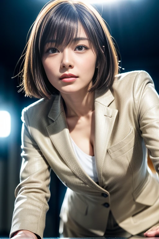 (Top quality, 8K, 32K, Masterpiece, hyper HD: 1.2), 1 girl, beautiful woman, Thin waist, Shiny skin, white suit, Open jacket, Office Lady, suit, Mini skirt, Office, desk, (Spread legs: 1.2), Fine face, Short hair, rain on her face, mouth open