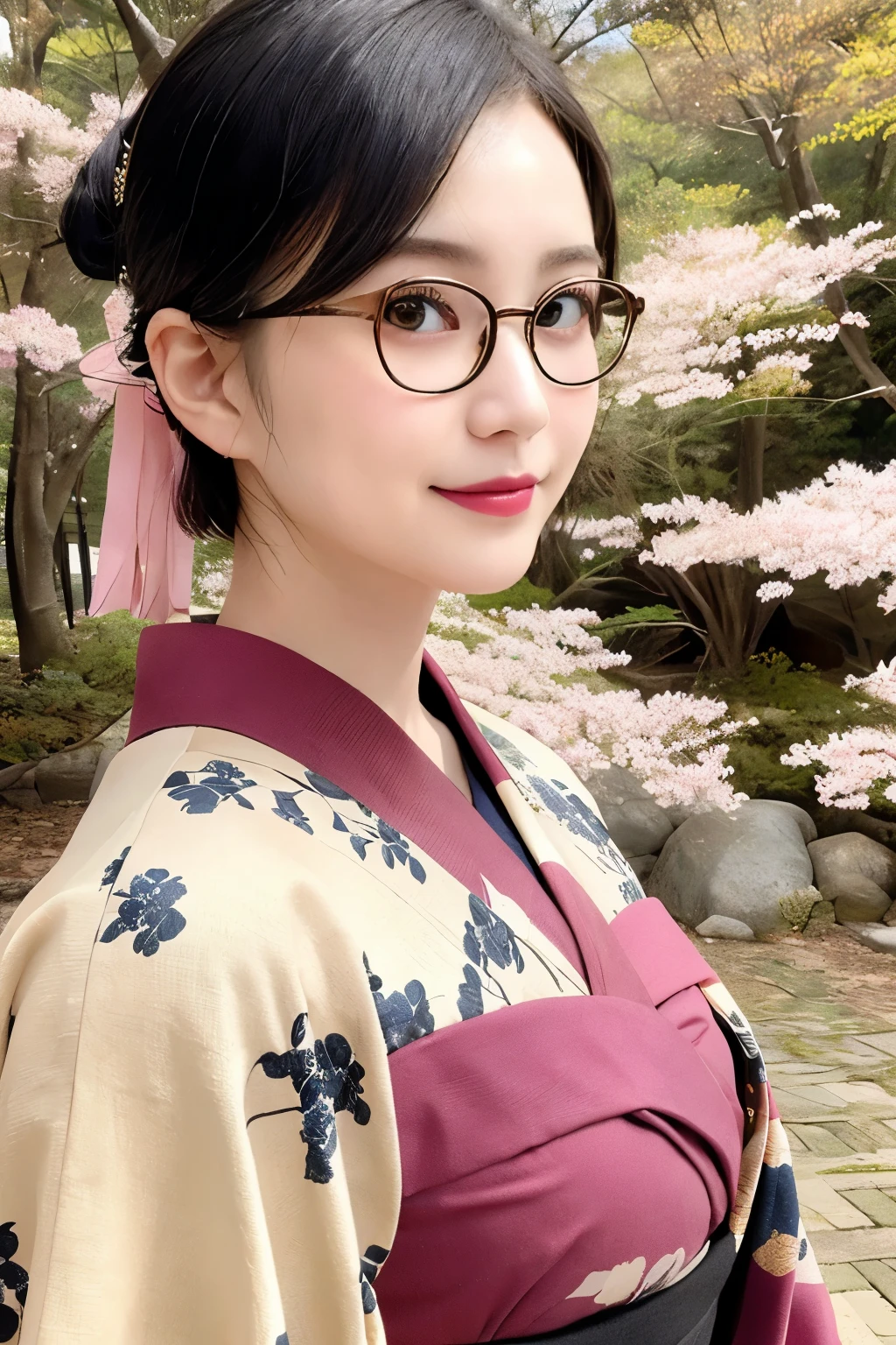 2 (20-year-old woman,Short Hair) , (A kind smile) , (kimono), (colorful), (Japanese painting by Uemura Shōen), flower, Glasses