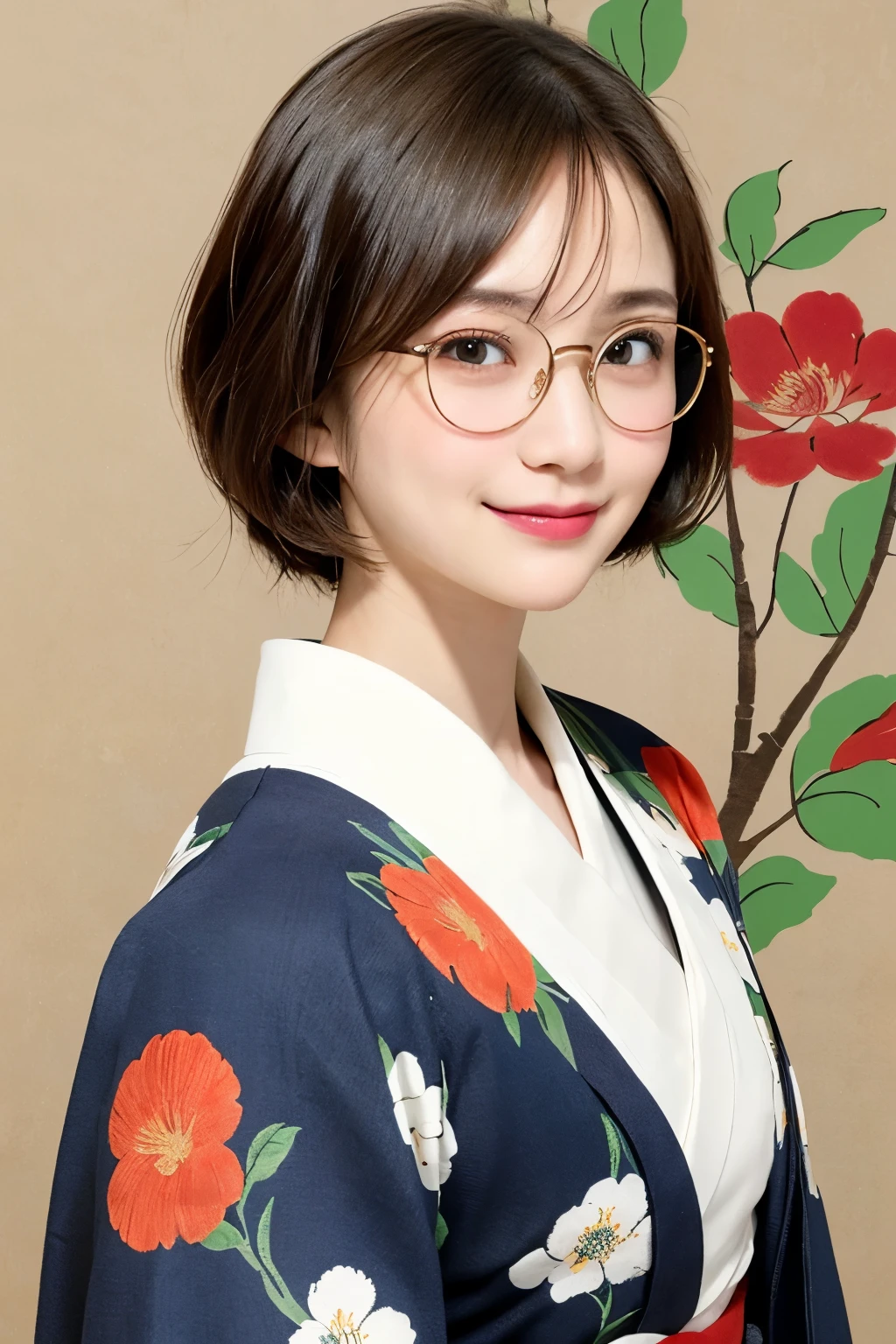 2 (20-year-old woman,Short Hair) , (A kind smile) , (kimono), (colorful), (Japanese painting by Uemura Shōen), flower, Glasses