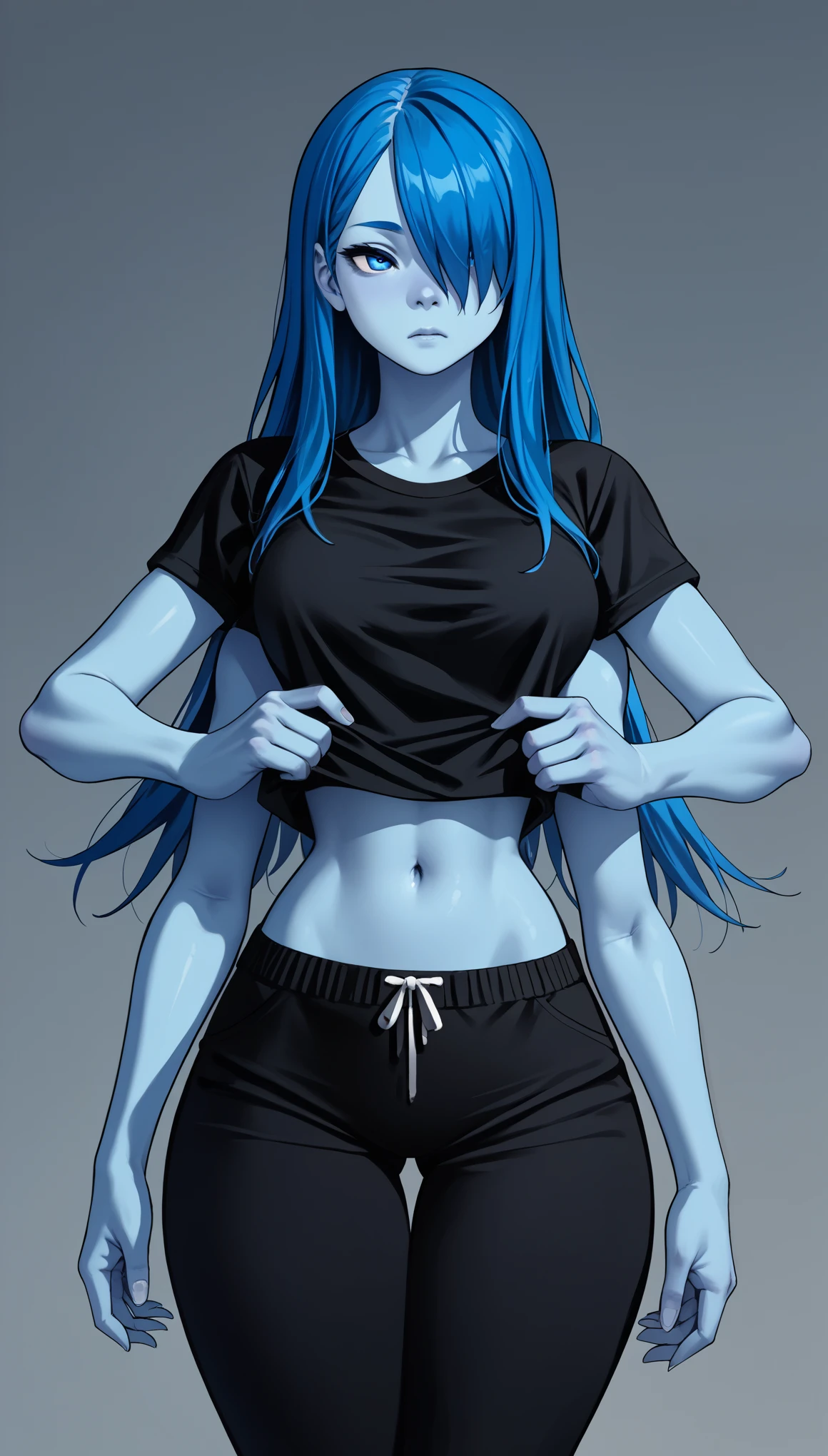 TheSpirit, floating hair ,((blue skin)),green eyes,navel, solo, beach, close up, blush,black skirt, SpiScho,very Long hair, fingernails, black stockings,huge black thighhighs, (insanely detailed, beautiful detailed face, masterpiece, best quality), spread legs, grab belly, ((black crop top)),wide hip