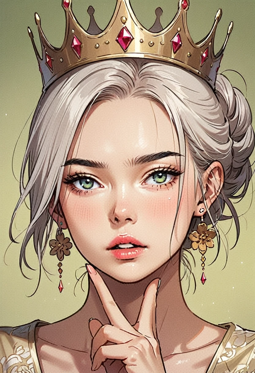 (masterpiece, best quality:1.2), 1 girl, Solitary，anime style，White hair, Girl with pink lips and light floral earrings puts finger on mouth，With the style of a top portrait painter, Yellow-green background, a beautiful woman with delicate features, wearing a white gold gown, on a wedding, luxury wedding, a crown on her head, surrounded by a tangled floral design with glowing skin, highly detailed,