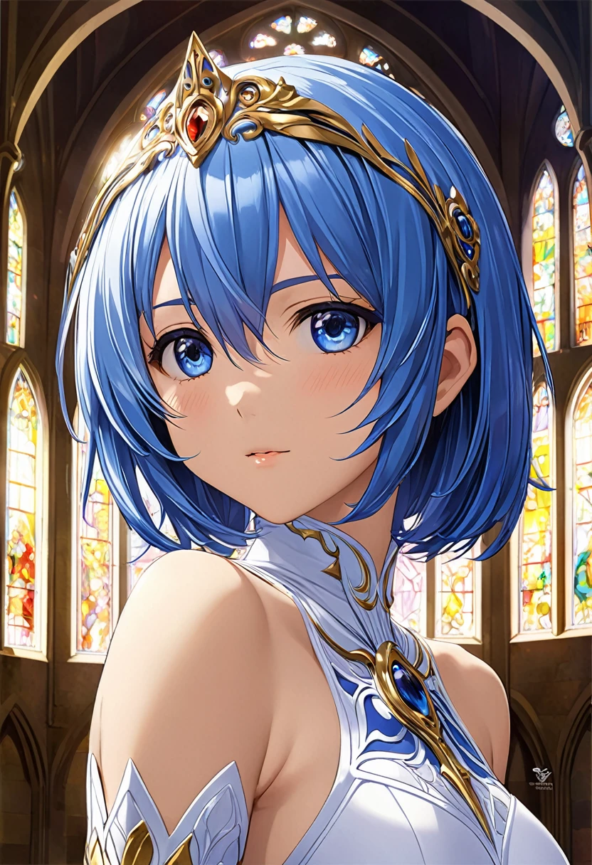 ((Best Quality)),(Ultra-high resolution),(Super detailed新しい),(Detailed Description),((The best CG)),(A masterpiece),Ultra-detailed art,Wonderful New Art,(Surreal)、Girl、(Blue Hair)、(((Short Hair)))、(blue eyes）、Highly detailed face、（Perfect Eyes）、Perfect hands、Perfect Proportions、エルフのGirl性司祭1人, Wearing a white veil, Wearing a white high leg bodysuit, He wears thin, light armor、He has a long sacred staff、Old Cathedral 、With the church in the background、Healthy Skin、Highly detailed lighting、