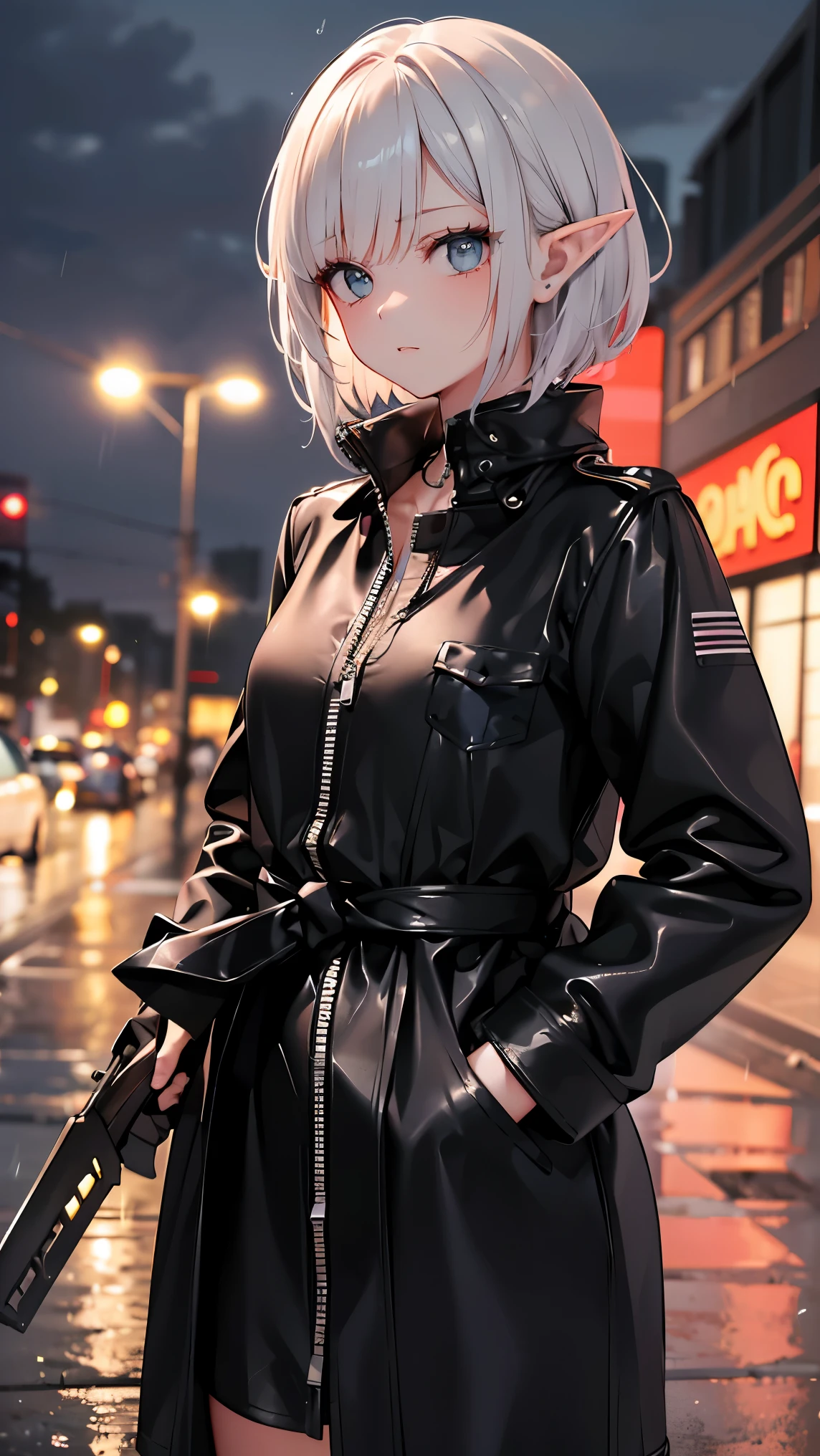 (masterpiece), anatomically correct, accurate, textured skin, high details, high quality, (best quality), (super detail), perfect detailed eyes, perfect detailed face, ultra-detailed nose, A tough, adult female elf with a short bob haircut, dressed in a form-fitting, dark leather trench coat. She stands on a rain-soaked street at night, illuminated by the glow of a flickering neon sign. Her posture is relaxed but alert, one hand tucked in her coat pocket, the other holding a small, futuristic weapon. Her sharp elven features, including her pointed ears, give her an air of elegance mixed with streetwise grit. The atmosphere is noir-inspired, with rain misting the ground, and the mood is tense, as if she's about to take on a dangerous mission