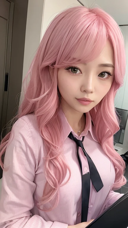 ((masterpiece, best quality)), (1girl),((mature female)), lightpink hair, halo, horn, ((office lady )),bangs,middle breast,(busty),slim,smile, [wide hips],office,standing, aru \(blue archive\),Tsubaki girl play in the stream happily