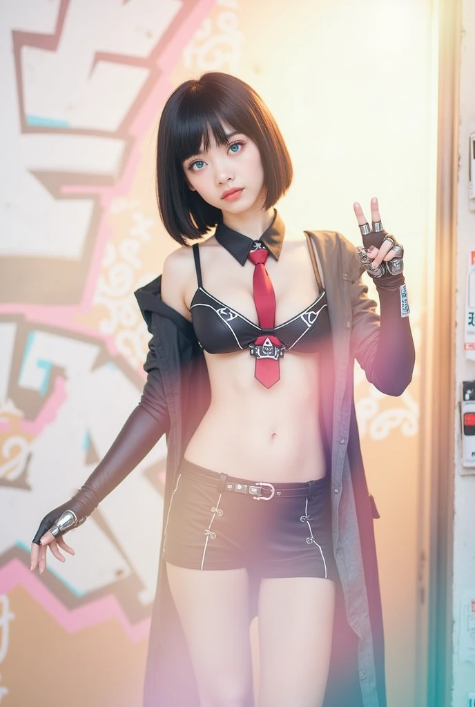 finest image, (8k, RAW photo, realistic), detailed and delicate depiction and flashy and dynamic painting method, cool beauty female, iridescent white flowing layered short hair, blue shining big eyes, long eyelashes, double eyelids, half open crimson alluring moist big thick lips, amorous expression, lewd expression, flat chest, abs, slender, perfect proportion, hot pink lace micro mini bra and panty, black leather long coat without buttons, black Ushanka, black engineer boot, blurry background snow field, falling snowflakes and ice crystals, fantasy, many red petals, iridescent golden particles, iridescent light, professional lighting