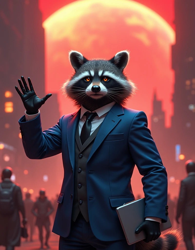 A tall, gray, aggressive raccoon with amber eyes in a blue suit and tie stands in the middle of a planet of unearthly beauty in red tones. People scatter chaotically from him in different directions.. The raccoon holds a tablet in his hand and raises his hand to calm everyone down.. hq 4k, photorealism, focus on the whole picture , the background is also clear