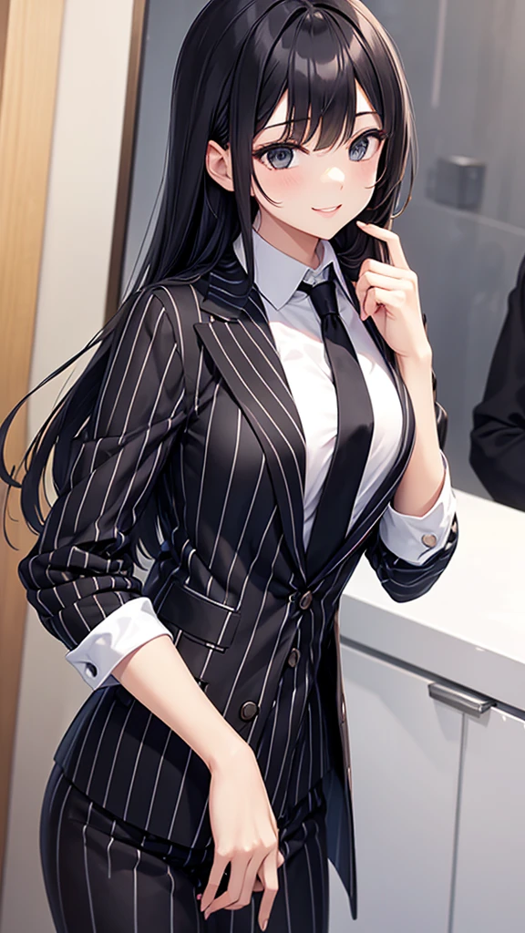 A woman wearing a striped pantsuit　tie　smile　　Black gloves