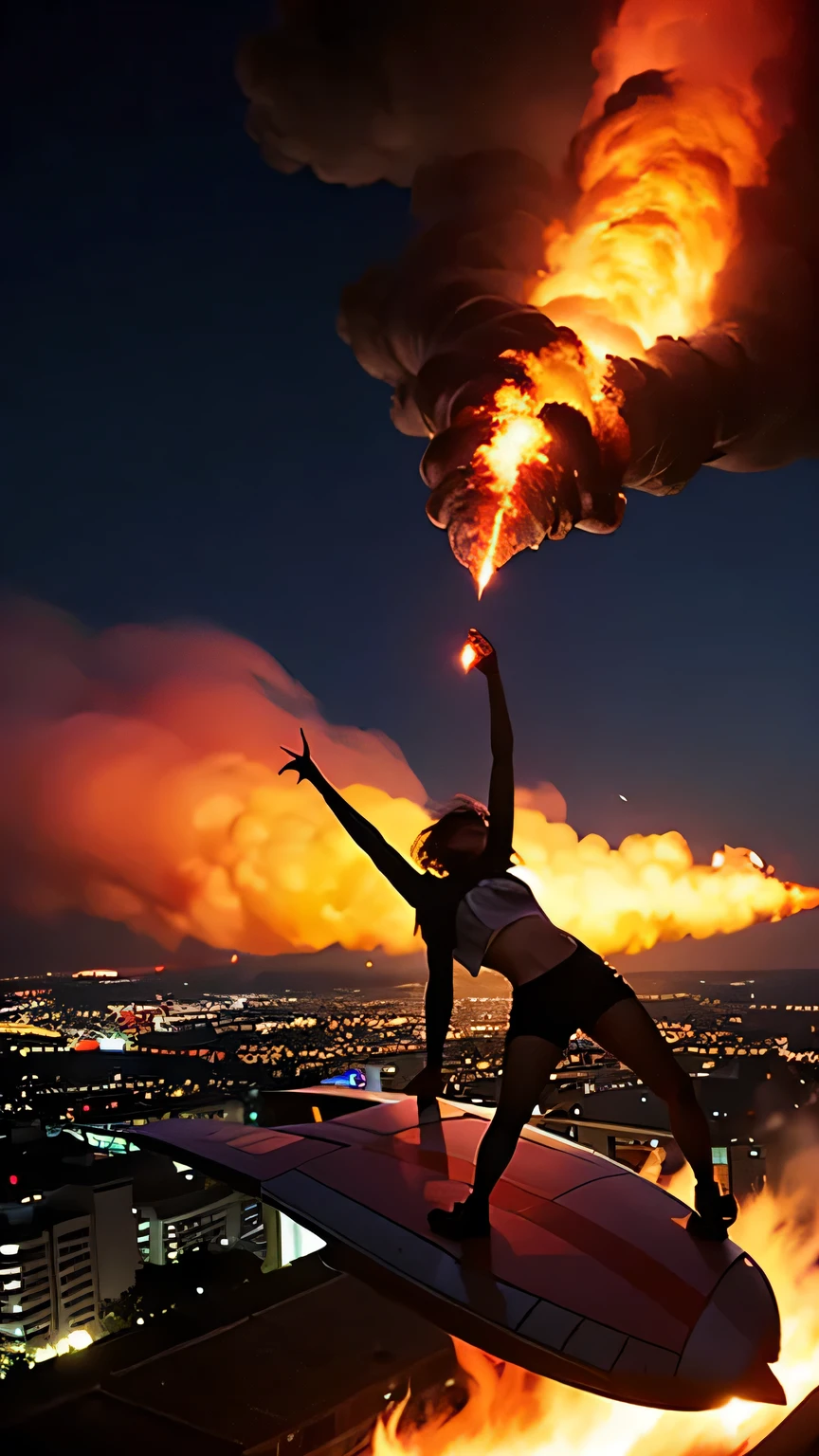 woman,lina, short hair, flying over city, fire, red glow