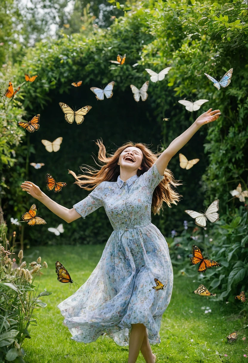 A woman laughs while chasing butterflies in a garden, her movements flowing with dynamixpoze, masterpiece, best quality, amazing quality, very aesthetic, absurdres.