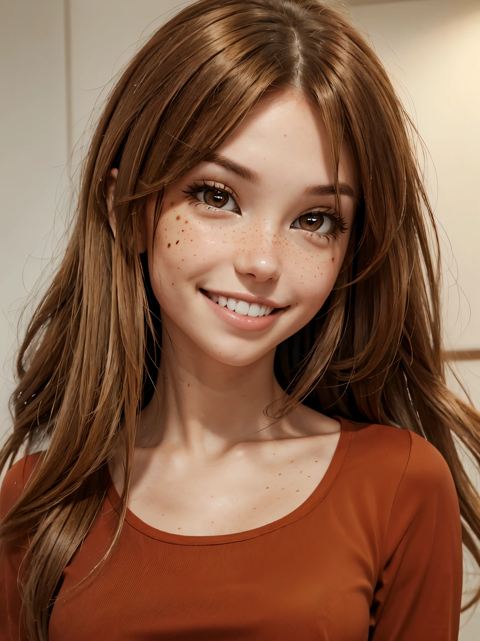 (best quality), 1girl, female, honey toned skin, chestnut hair, long hair, slightly wavy hair, brown eyes, perfect eyes, freckles, red clothes, petite, skinny body, small bust, smile, masterpiece, anatomically correct, highres
