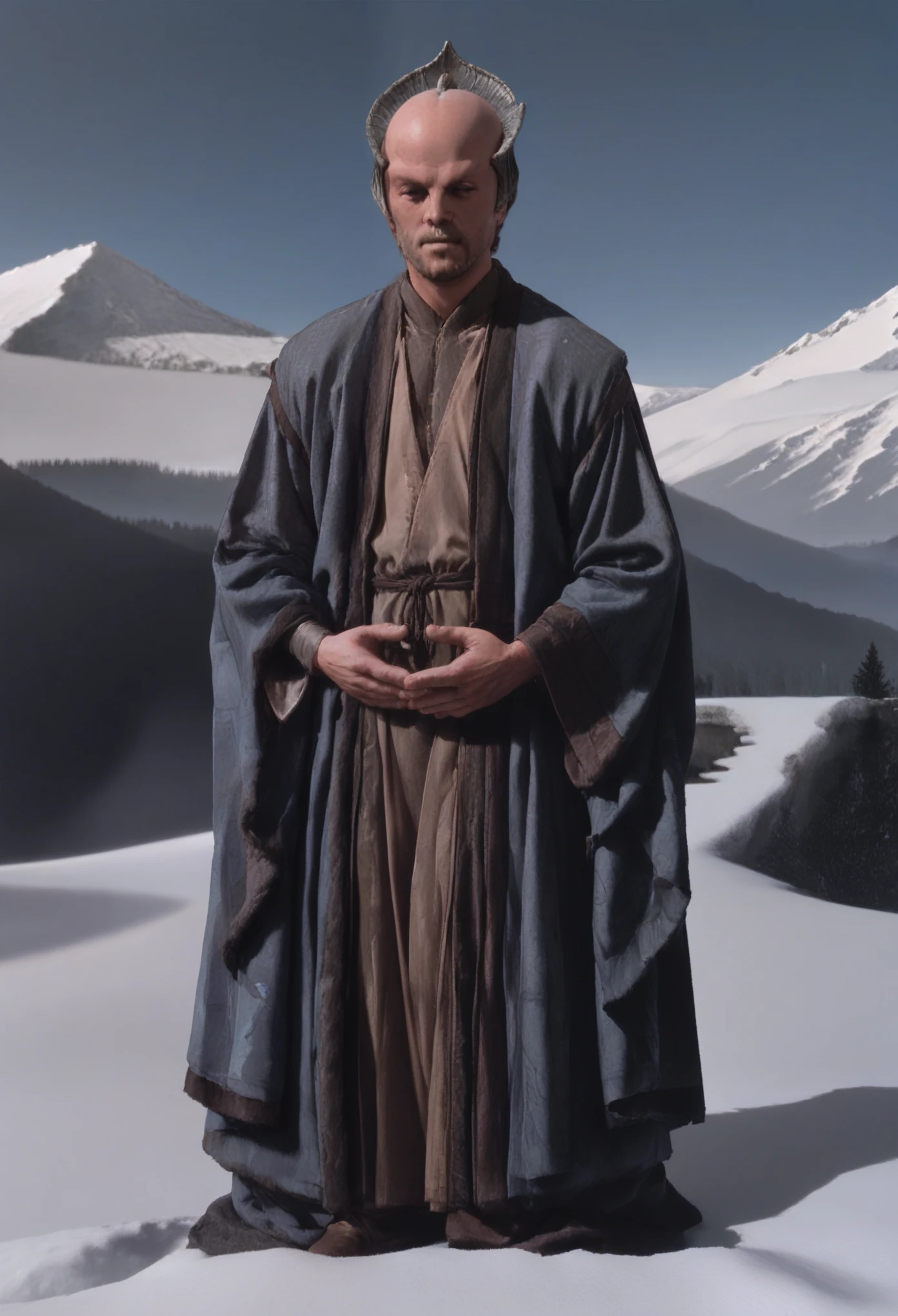 score_9, score_8_up, score_7_up, BREAK solo,full body, minbari, bold, [bone ridges on his head that grow from his temples, wrap around the back of his head and rise to the crown], detailed face, sage robe, ((fullbody)), dinamic pose, mountains, snow, detailed background