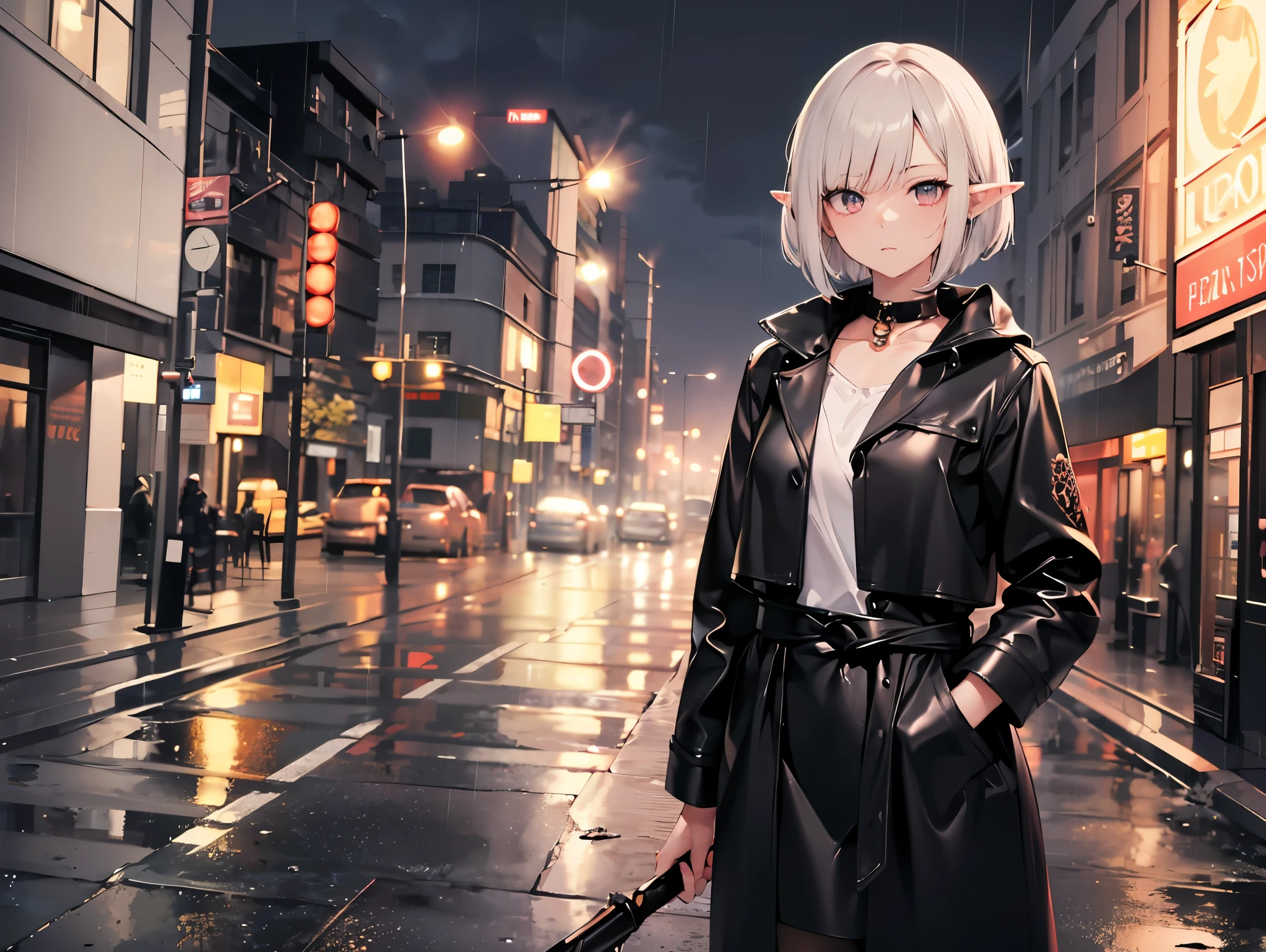 (masterpiece), anatomically correct, accurate, textured skin, high details, high quality, (best quality), (super detail), perfect detailed eyes, perfect detailed face, ultra-detailed nose, A tough, adult female elf with a short bob haircut, dressed in a form-fitting, dark leather trench coat. She stands on a rain-soaked street at night, illuminated by the glow of a flickering neon sign. Her posture is relaxed but alert, one hand tucked in her coat pocket, the other holding a small, futuristic weapon. Her sharp elven features, including her pointed ears, give her an air of elegance mixed with streetwise grit. The atmosphere is noir-inspired, with rain misting the ground, and the mood is tense, as if she's about to take on a dangerous mission