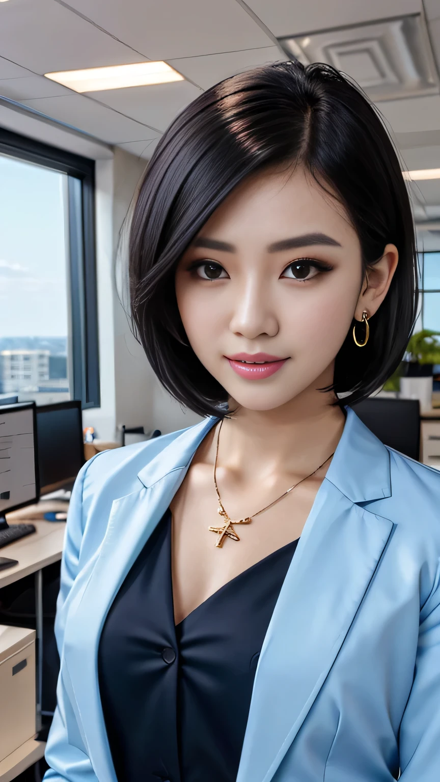 A close up of a woman in a blue jacket and black top - SeaArt AI