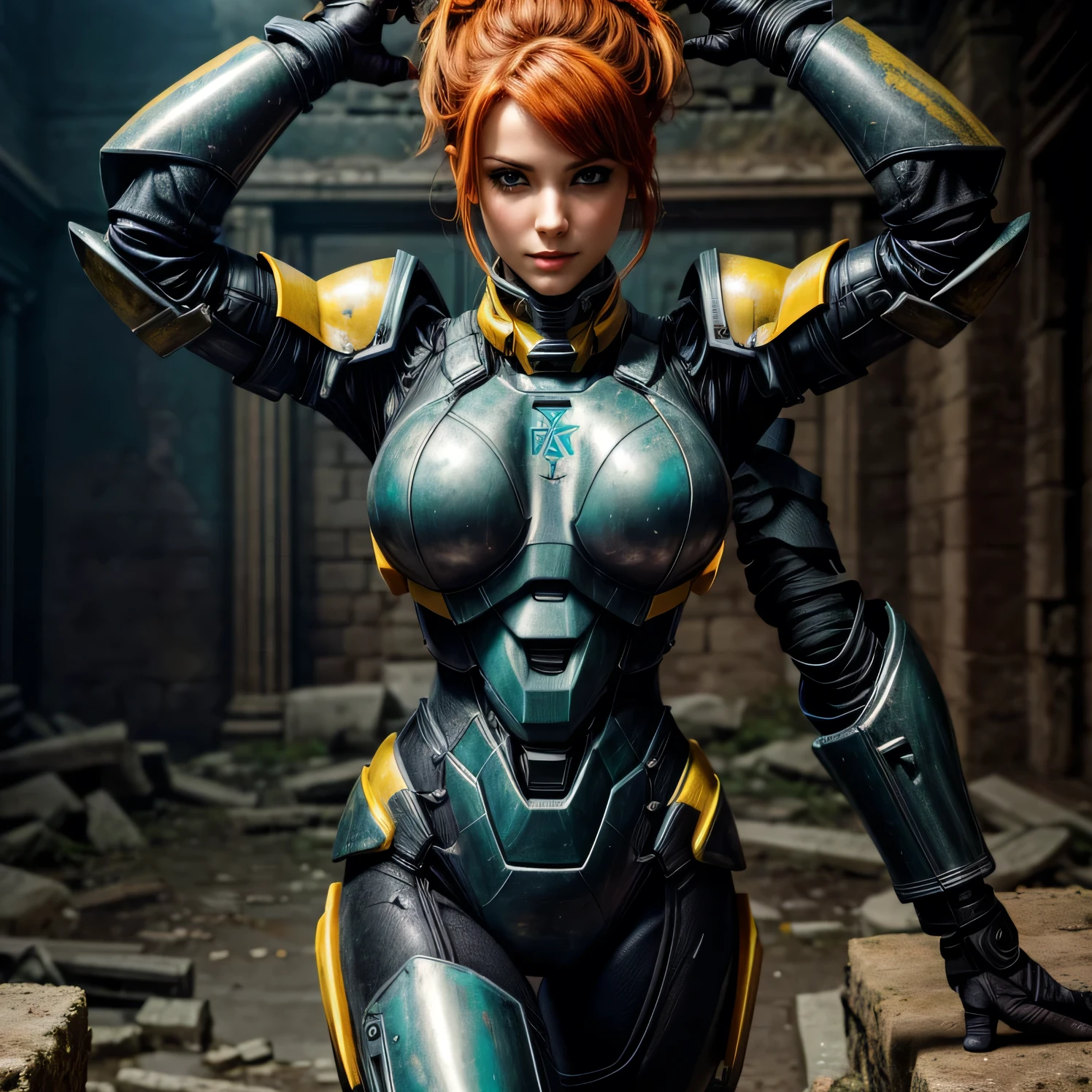 (realistic), (3d:0.3), dramatic lighting, ((masterpiece)),(quality),(high res), tall Lady Voidstar, [[covered abs]], ((x-ray power armor|lined suit|black and yellow power armor) mechanical arms), worn and dirty armor, armor with bumps. orange-red hair tied in two buns on either side of her head, [gorgeous smile], medium breasts, covered navel, eyeliner, eyelashes, perfect face, beautiful nose, detailed pupil, beautiful eyes, detailed eyes, teal eyes, perfect full lips, intricate and detailed background of abandoned ancient ruins, ancient decaying and abandoned battlefield (zet:1),