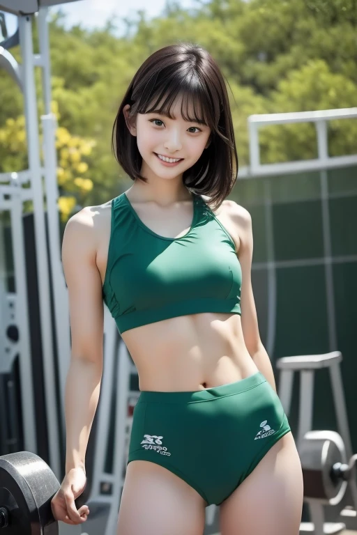 The beauty of 8K raw photography:2.0, Japanese women, Short Hair, Great face and dark eyes, Looking down, Looking at the audience:1.5, Big smile, Wet Hair, Spread your legs, Small Top, (Green sportswear:1.2), Glowing Skin, Realistic:1.9, Very detailed, Cowboys photographed from below:1.2, High-resolution RAW color photos, Professional photos, In front of the gym machine, Sexy portrait of a girl,Shen