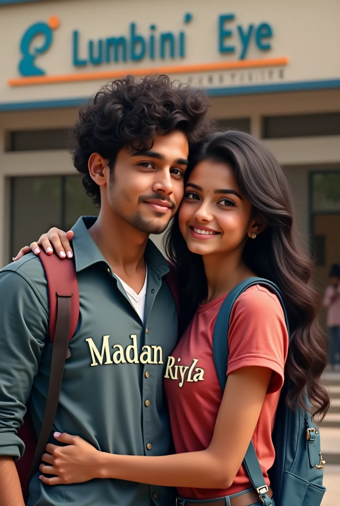 A brown couple wearing a Brazilian blouse, a boy wearing a cap without showing his hair and with curly hair, both hugging in front of the mirror 