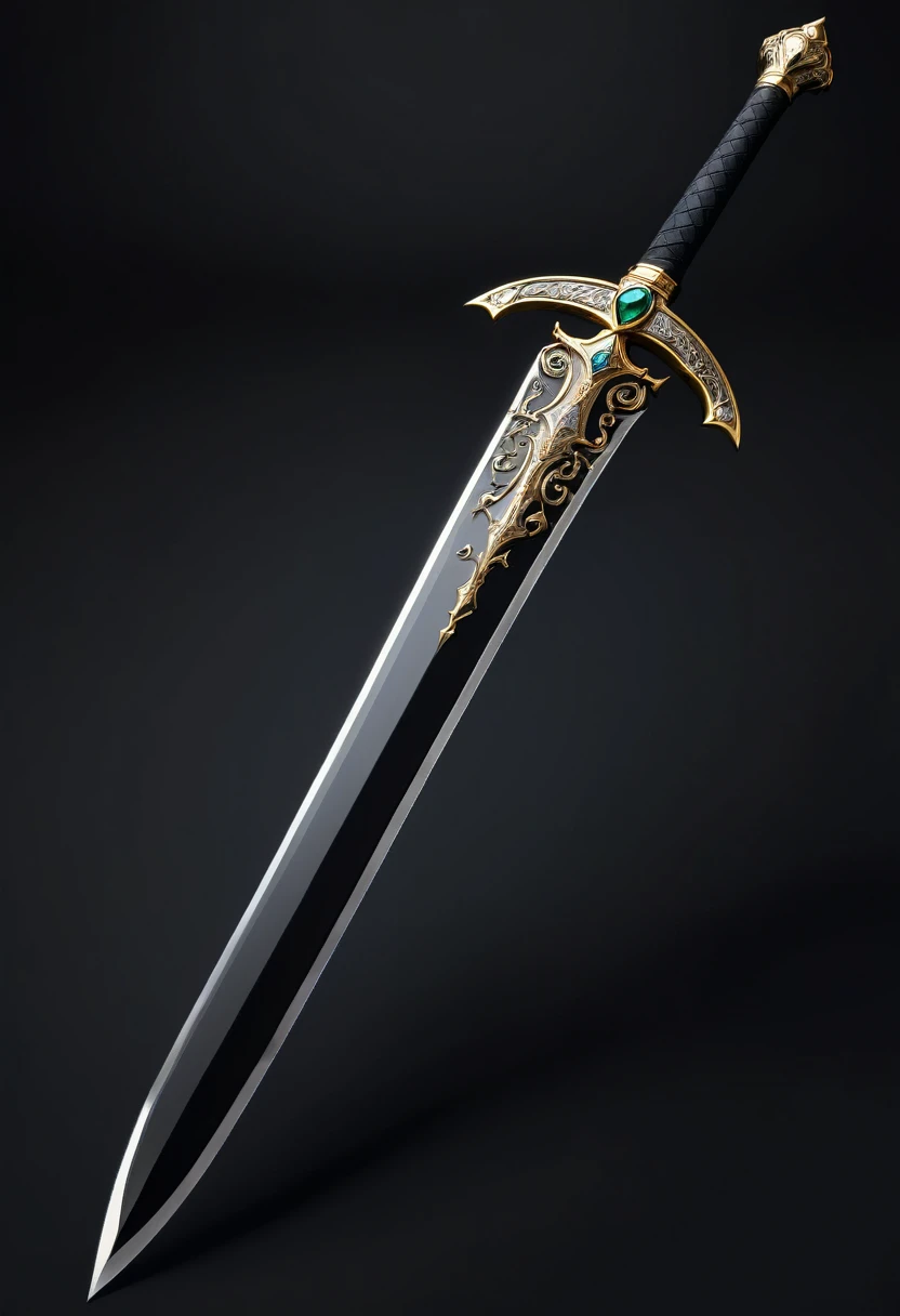 photorealistic fantasy-style image of a beautiful long sword, black metal sword blade with gold runes and two-handed platinum and gemstone handle 