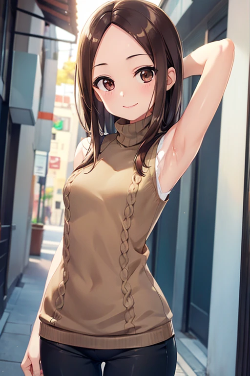 takagi-san、Shiny brown hair, Long Hair,((Medium Breast、amount、Center Part))、 Beautiful brown eyes、smile、Shining Eyes, (fine grain)、Very beautiful eyes、Very detailed顔, Detailed eyes, 


 1 female,  4K resolution, High quality CG, Beautiful CG, Soft Light、 masterpiece,Best Quality,High resolution,Very detailed,,(sweater:1.2),(turtleneck:1.2),street,smile,Standing,(Sleeveless:1.4),arm_Behind_head,arms_up,Cowboy Shot,No pants,