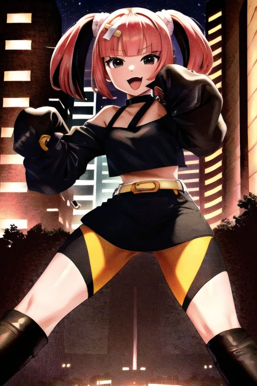 (masterpiece:1.5), best quality, (1girl, solo), sango, pink hair, skirt, black eyes, twintails, crop top, open mouth, multicolored hair, smile, black skirt, bangs, boots, looking at viewer, midriff, belt, long sleeves,hair ornament, two-tone hair, :d, bandaid, black footwear, bare shoulders, blunt bangs, sleeves past wrists, black hair, :3, bandaid on leg, shirt, blush, ((( outdoors, city,))),( cowboy shot , battle stance, dynamic pose, looking at viewer, open mouth )