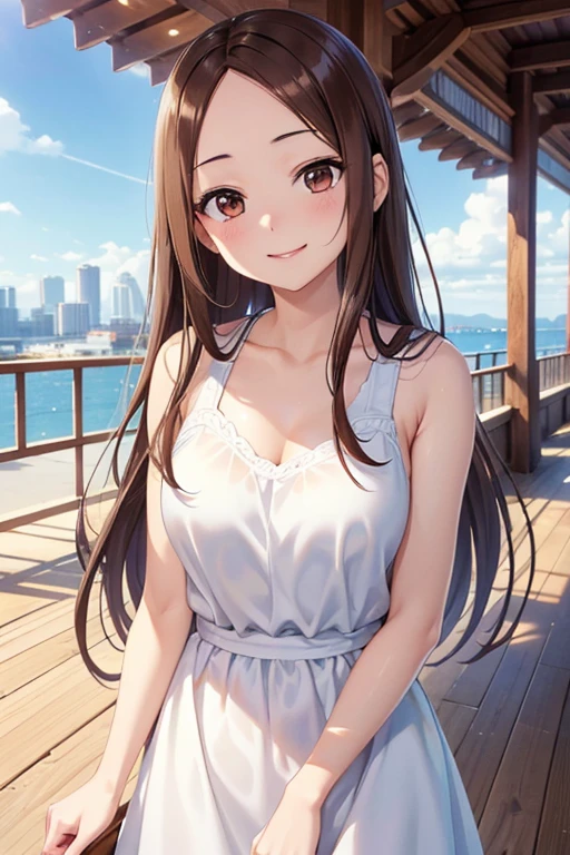 takagi-san、Shiny brown hair, Long Hair,((Medium Breast、amount、Center Part))、 Beautiful brown eyes、smile、Shining Eyes, (fine grain)、Very beautiful eyes、Highly detailed face, Detailed eyes, 


 1 female,  4K resolution, high qualityのCG, Beautiful CG, Soft Light、  ((A beautiful and pretty woman is standing on the terrace)), ((20-year-old beauty)), ((魅力的なsmile)), ((輝くLong Hair)), ((Sleeveless white sundress)), ((The background is a city with a sea view)), Attractive makeup, Single View, NFFSW, UHigh resolution, retina, masterpiece, Accurate, Anatomical, Scientifically correct, Textured skin, Super detailed, high detail, high quality, Awards, 最high quality, High resolution, 1080P, High resolution, 4K, 8k, 16k