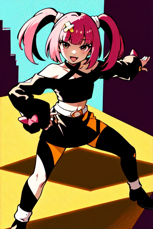 (masterpiece:1.5), best quality, (1girl, solo), sango, pink hair, skirt, black eyes, twintails, crop top, open mouth, multicolored hair, smile, black skirt, bangs, boots, looking at viewer, midriff, belt, long sleeves,hair ornament, two-tone hair, :d, bandaid, black footwear, bare shoulders, blunt bangs, sleeves past wrists, black hair, :3, bandaid on leg, shirt, blush, ((( outdoors, city,))),( cowboy shot , battle stance, dynamic pose, looking at viewer, open mouth )