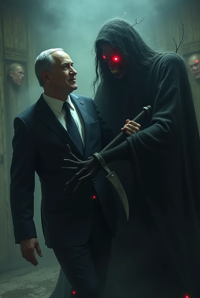 a middle-aged businessman couple, the man with a serious expression, the woman with very large breasts, beautiful detailed face, long flowing hair, a witch woman with dark features and an ominous presence looming behind them, in a haunting, dark, horror-themed environment at home, high quality, cinematic lighting, hyper detailed, photorealistic, dramatic, moody, atmospheric
