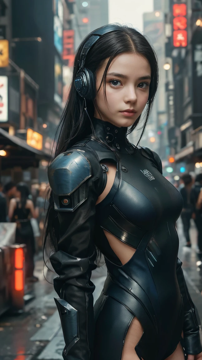 ((masterpiece、Best Quality、Best image quality、High resolution、Real、RAW Photos、Accurate depiction、Subtle details))、((Cyberpunk:1.2))、((European Girls:1.5))、 (Black Hair、amount、Long Straight Hair:1.2)、((Bright dark blue eyes、Sharp Eye:1.4))、Cyberpunk, Wearing futuristic robotic tactical leather shear armor Cyberpunk suit with cutouts showing abs, Lean athletic body, innocent, Playful,  Very beautiful face、(Black suit:1.2)、(Headset)