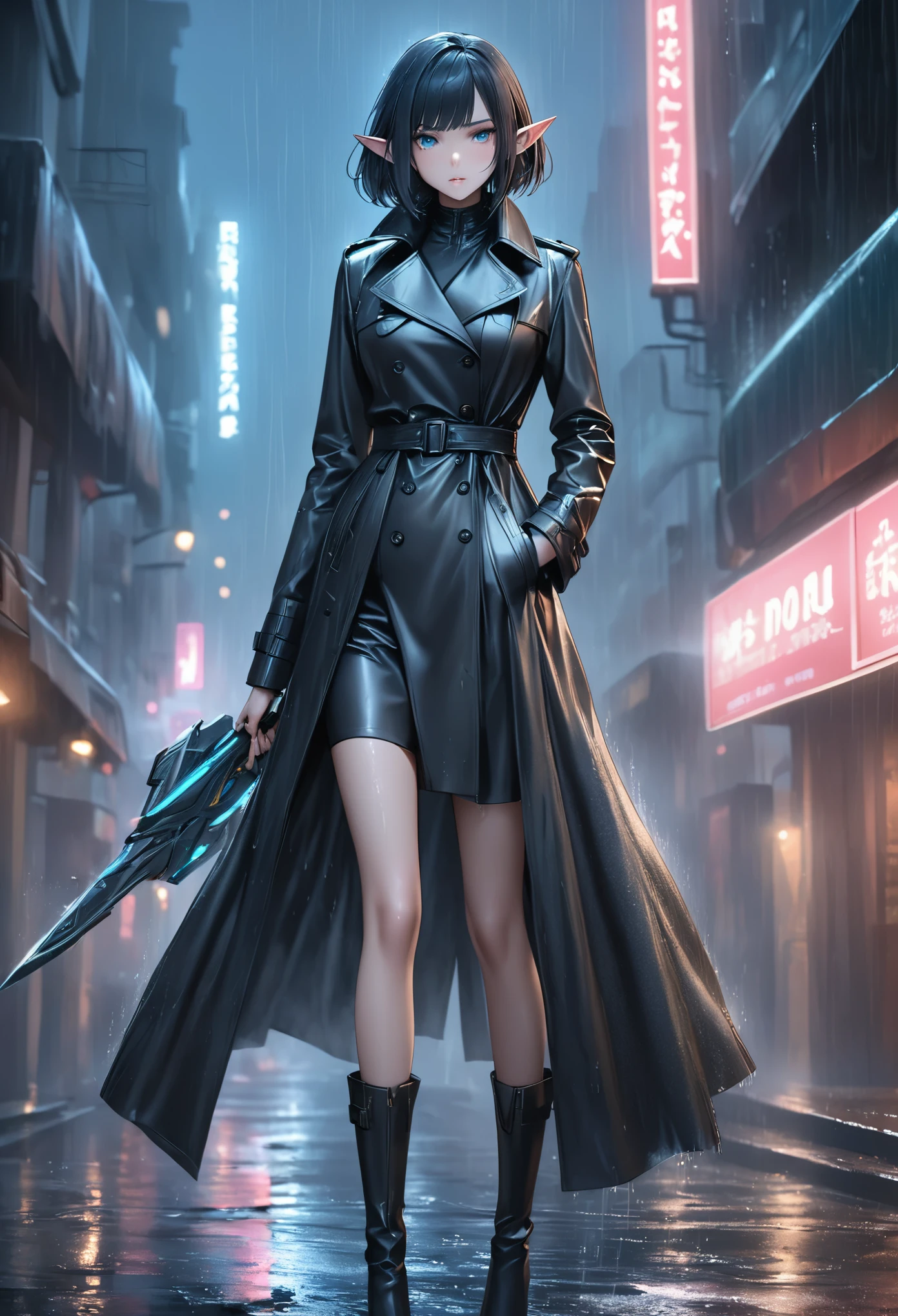 (masterpiece), anatomically correct, accurate, textured skin, high details, high quality, (best quality), (super detail), perfect detailed eyes, perfect detailed face, ultra-detailed nose, A tough, adult female elf with a short bob haircut, dressed in a form-fitting, dark leather trench coat. She stands on a rain-soaked street at night, illuminated by the glow of a flickering neon sign. Her posture is relaxed but alert, one hand tucked in her coat pocket, the other holding a small, futuristic weapon. Her sharp elven features, including her pointed ears, give her an air of elegance mixed with streetwise grit. The atmosphere is noir-inspired, with rain misting the ground, and the mood is tense, as if she's about to take on a dangerous mission