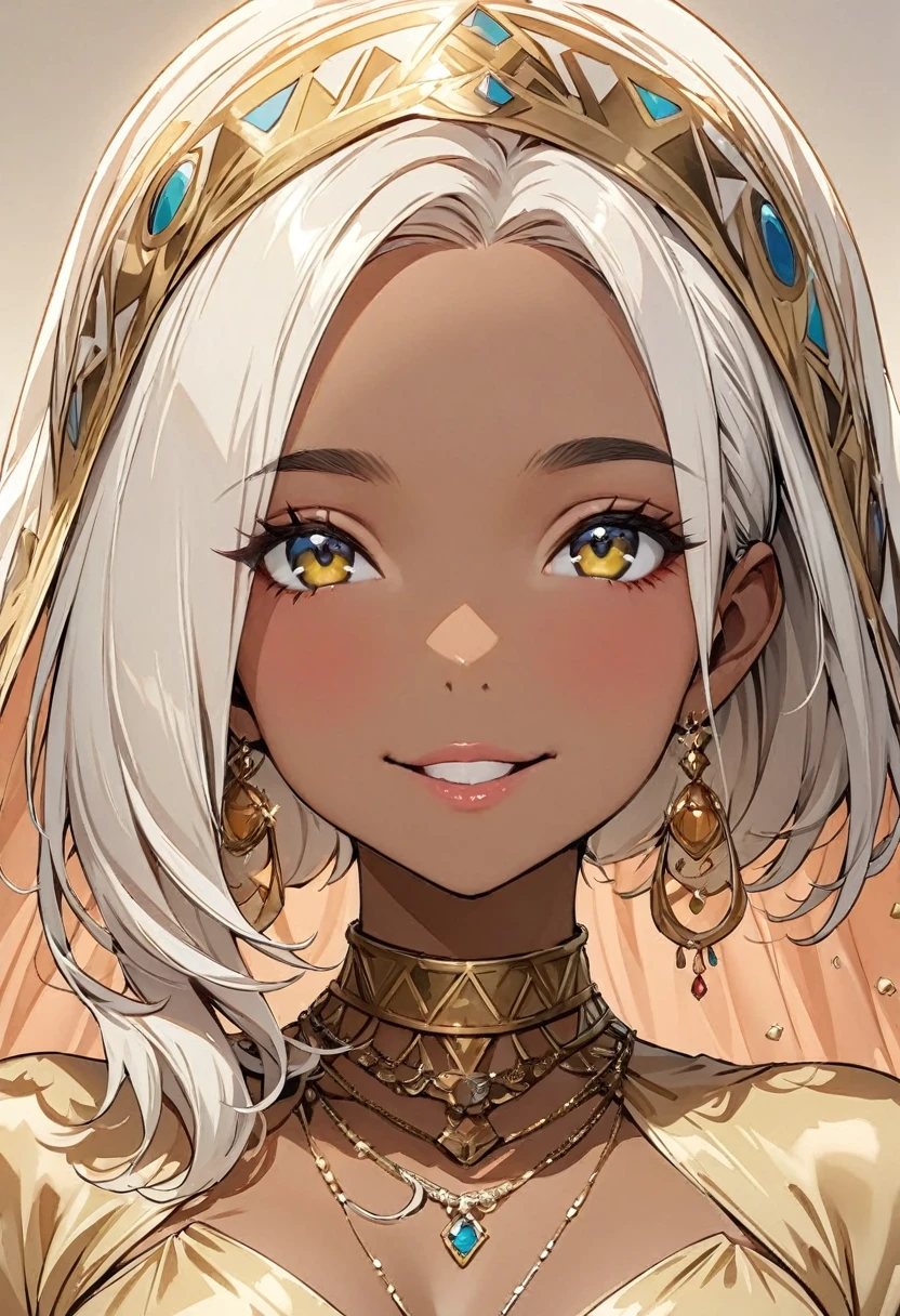 (masterpiece, Best Quality:1.4), 1 girl, 20-year-old woman, Anime Style, Upper Body, Photographed from the front, look up, Egyptian, Brown Skin, (((Cute eyes))), (((フェイスVeil))), Veil, necklace, Wearing a modest gold silk dress, smile, Pink lower lip, Queen of the Desert, Silver Hair, Asymmetrical bob hairstyle, Longer bangs on one side, The ratio of person to background is 1:1,Simple Background.