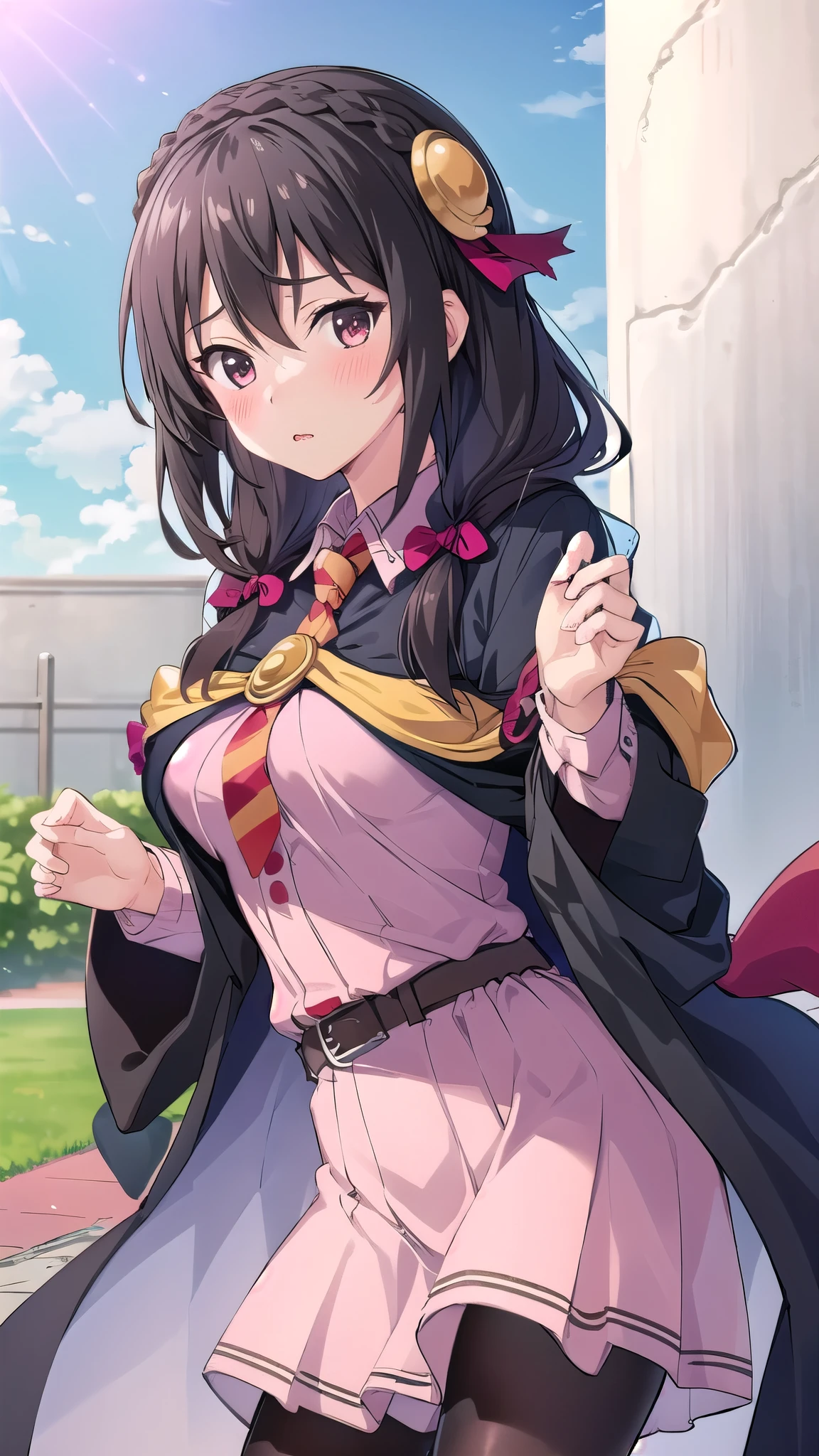 (masterpiece, best quality), 1girl,   Kiss the viewer、yunyun,long hair,braid,twintails,hair between eyes,hair bow,hair ornament,large breasts,(cape:1.2),necktie,shirt,pink shirt,long sleeves,belt,pink skirt,pantyhose,loafers,brown footwear、(The expression of a girl in love)、(blush)、blue sky、lawn、Crimson Eyes,大きな胸, 