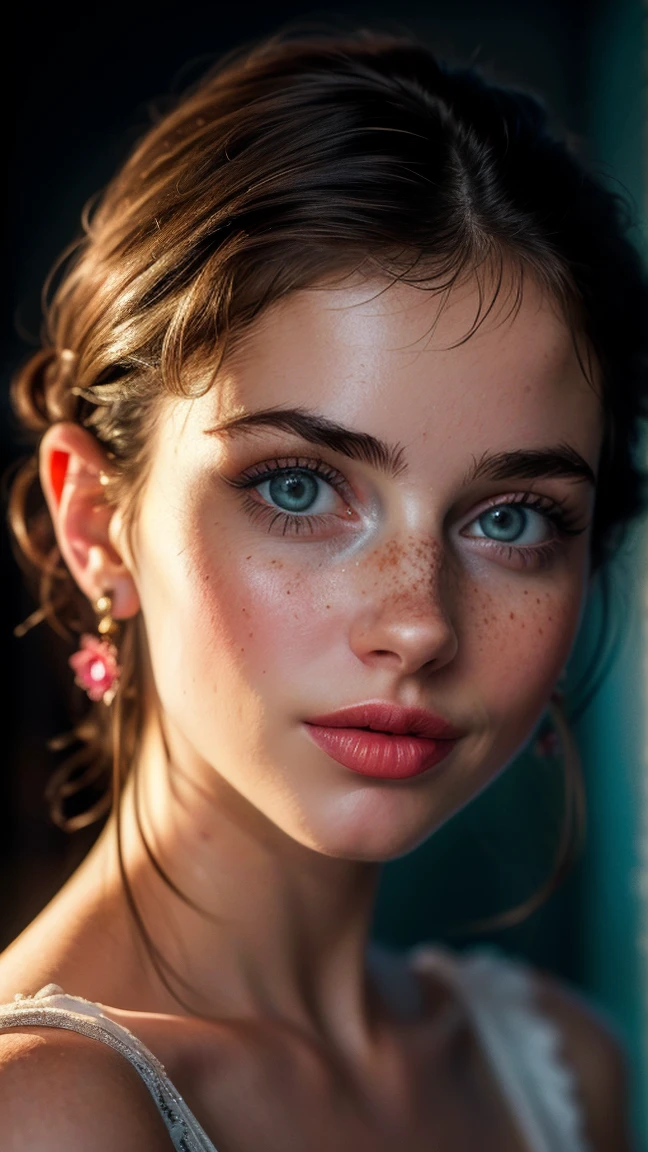 Ultra-realistic full-face photorealistic image of a goddess, 18-year-old young with a beautiful face and deep brown eyes and a charming chin that captivates anyone who meets her. Her ornate light brown hair falls gracefully over her shoulders, framing her face elegantly. Full lips paint a smile. His face is adorned with one or more spots, adding a touch of mystery and charm. Light freckles add a playful and natural look to your appearance, giving you an aura of freshness. Her beauty is a harmonious blend of unique and captivating features, making her irresistibly attractive. - Immerse the viewer in the extravagant charm of a visual by purposefully avoiding direct eye contact with the camera by focusing to the right. The model, dressed in bold makeup, has a captivating expression and a mix of seductive mystery.