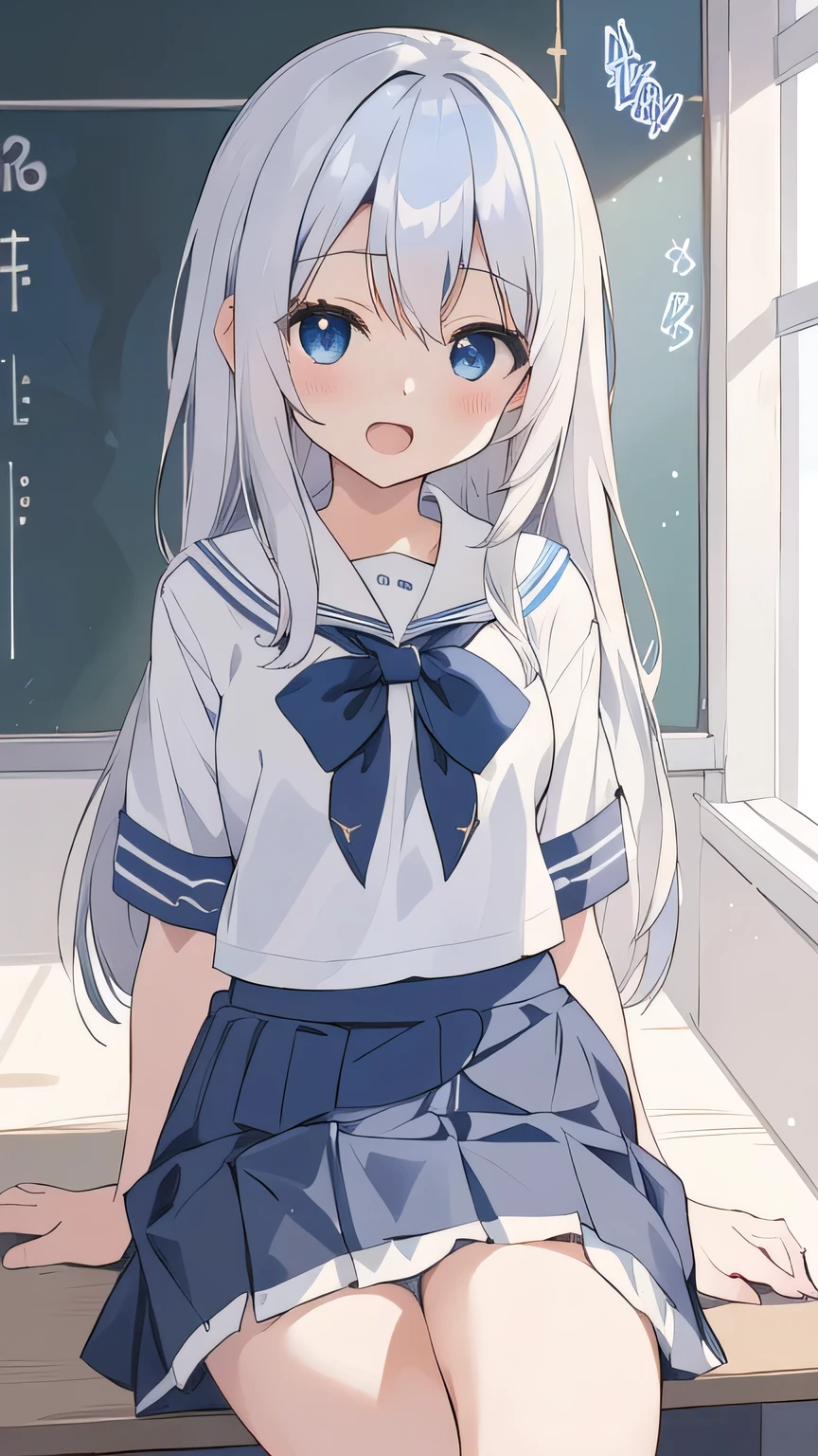 cute girl, アニメ, silver hair, straight hair, Blue eyes, (young:0.9), (small bust:0.5), (cute:1.3), (middle bust:0.8), (cute girl:1.2), cowboy shot, cute, side shot, (Smail:1.3), open mouth, backwards, (white school uniform:1.6), (dark blue skirt:1.6), (ローアングル:1.5), close eyes, (cross legs:1.2), (seduce:1.4) 